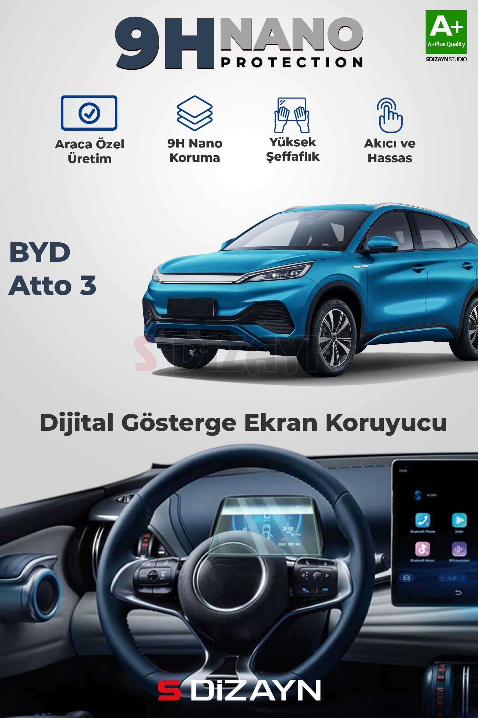 S-Dizayn BYD Atto 3 9H Nano Gösterge Ekran Koruyucu (PARLAK) 2024 Üzeri A+ Kalite