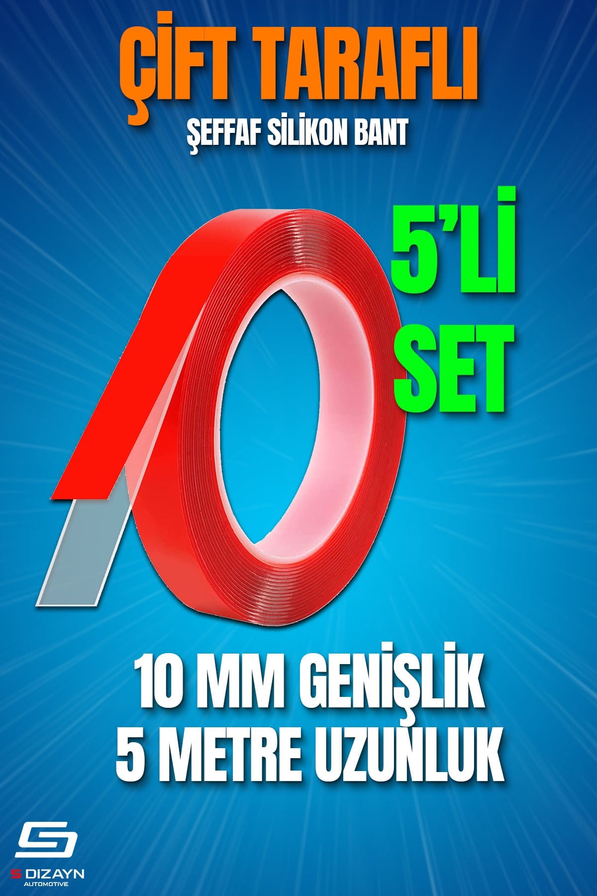 S-Dizayn Çift Taraflı Bant 10mm x 5 Metre 5'li Paket Şeffaf Silikon VHB Bant A+Kalite