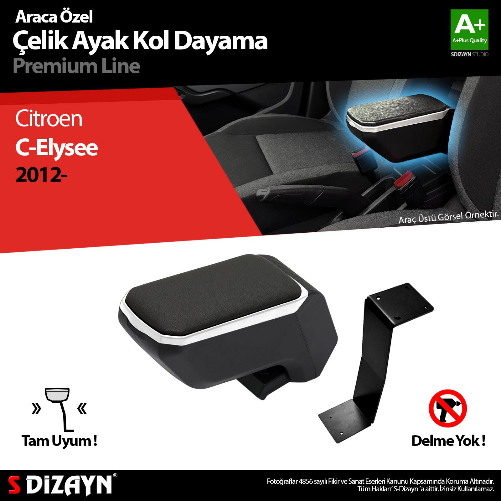 S-Dizayn Citroen C-Elysee Kol Dayama Kolçak Çelik Ayaklı ABS Gri 2012-2017 A+Kalite
