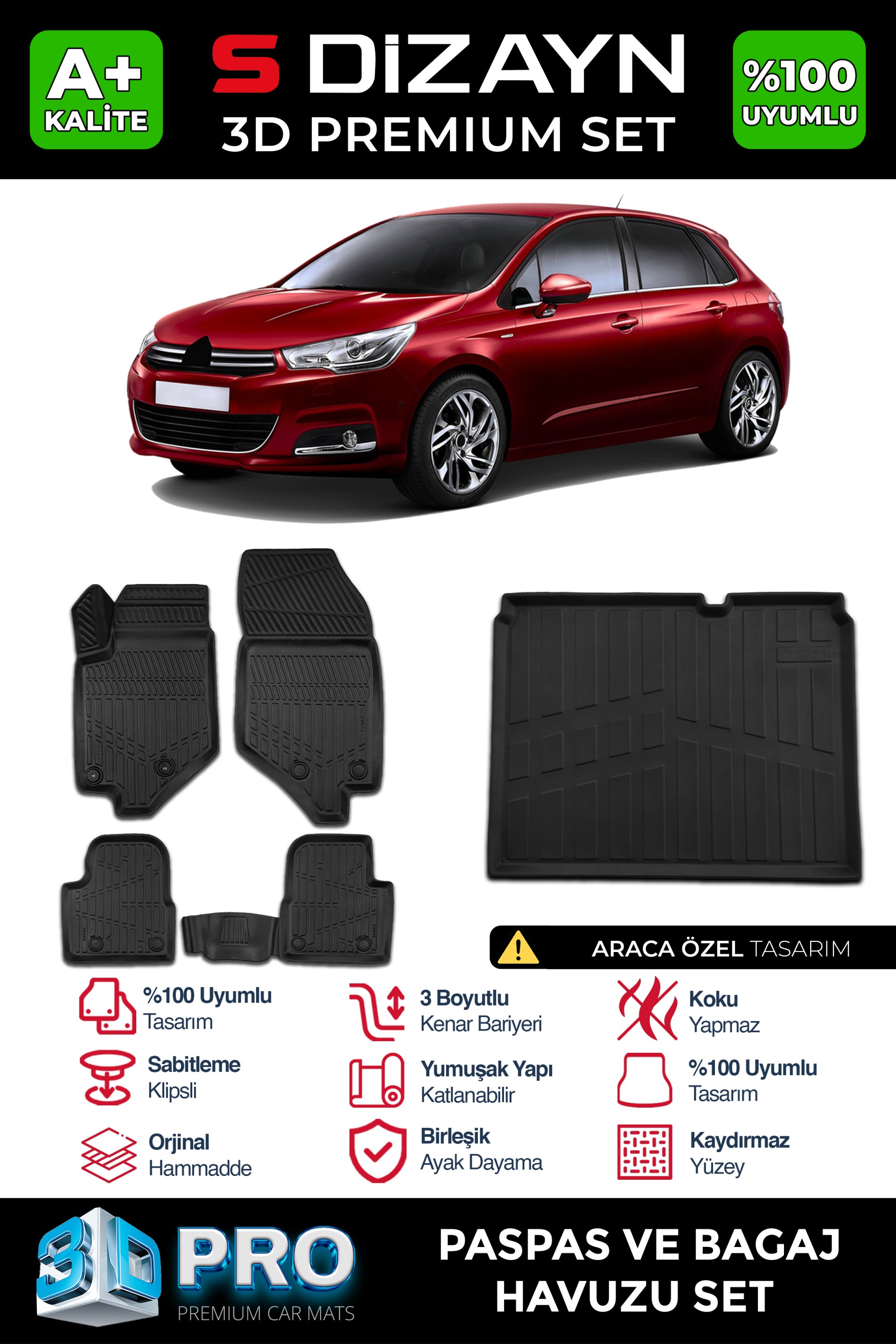 S-Dizayn Citroen C4 3D Pro Havuzlu Paspas ve Bagaj Havuzu Seti (2'li SET) 2010-2018 A+ Kalite