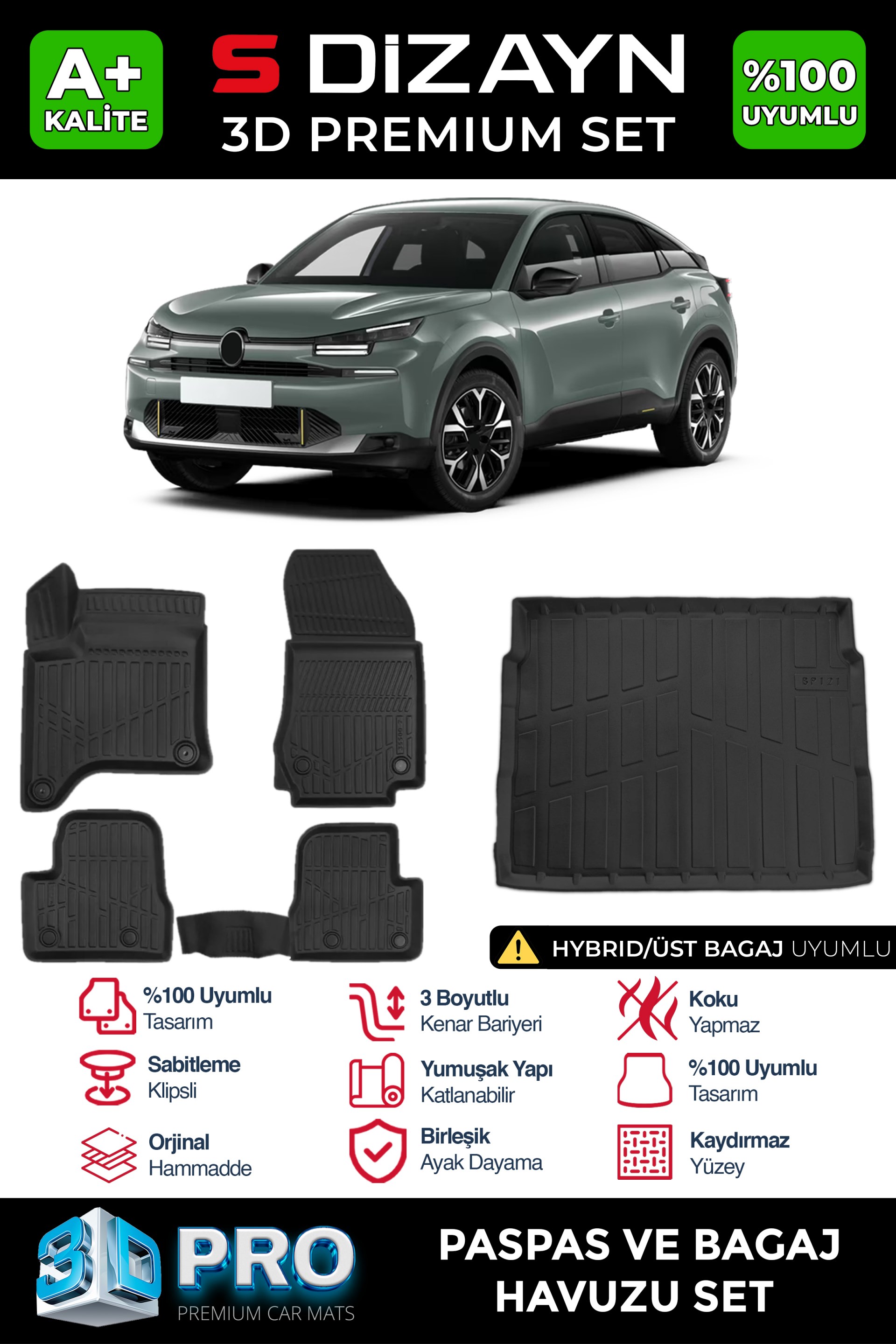 S-Dizayn Citroen C4 Hybrid 3D Pro Havuzlu Paspas ve Üst Bagaj Havuzu Seti (2'li SET) 2025 Üzeri A+ Kalite