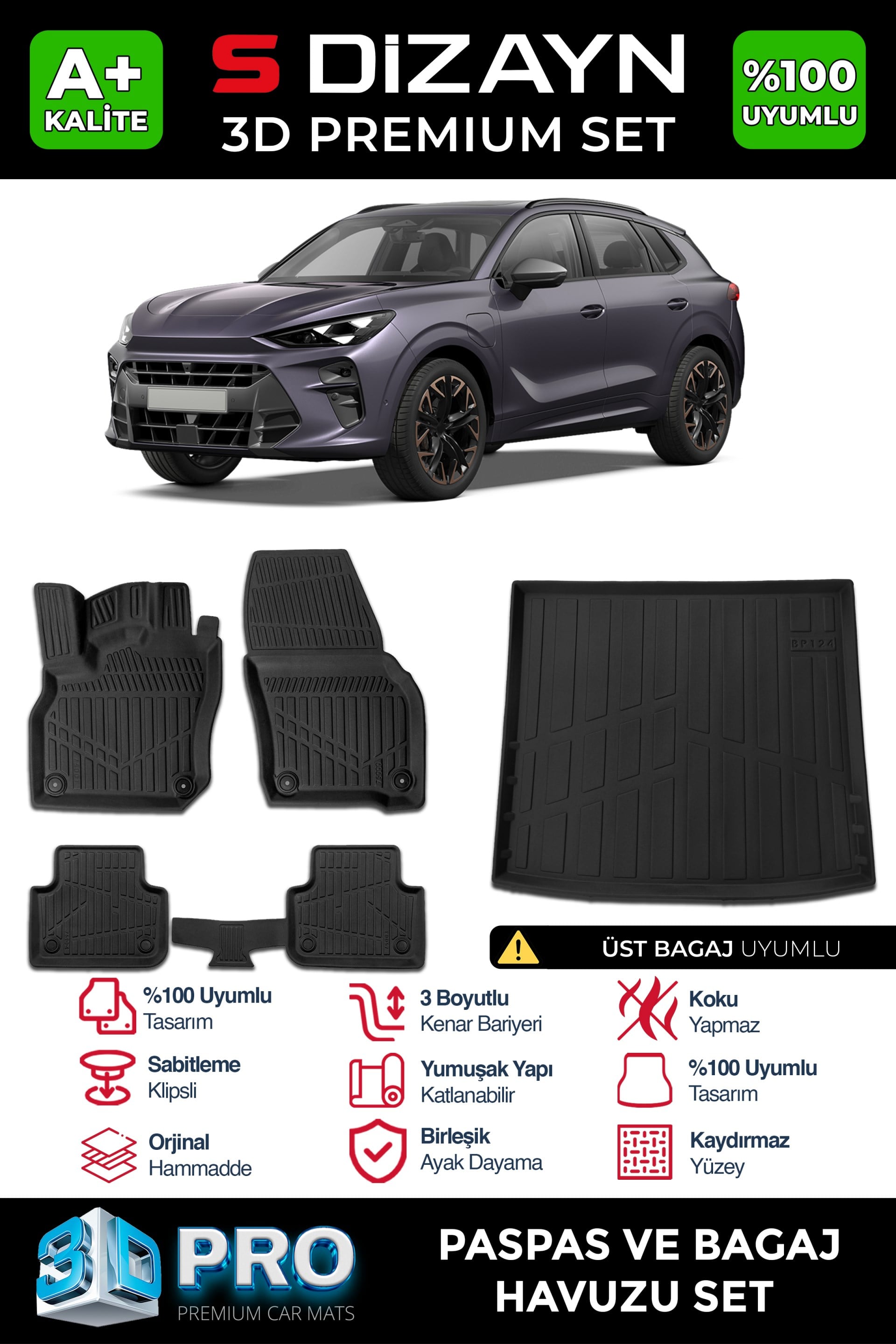 S-Dizayn Cupra Terramar 3D Pro Havuzlu Paspas ve Üst Bagaj Havuzu Seti (2'li SET) 2024 Üzeri A+ Kalite