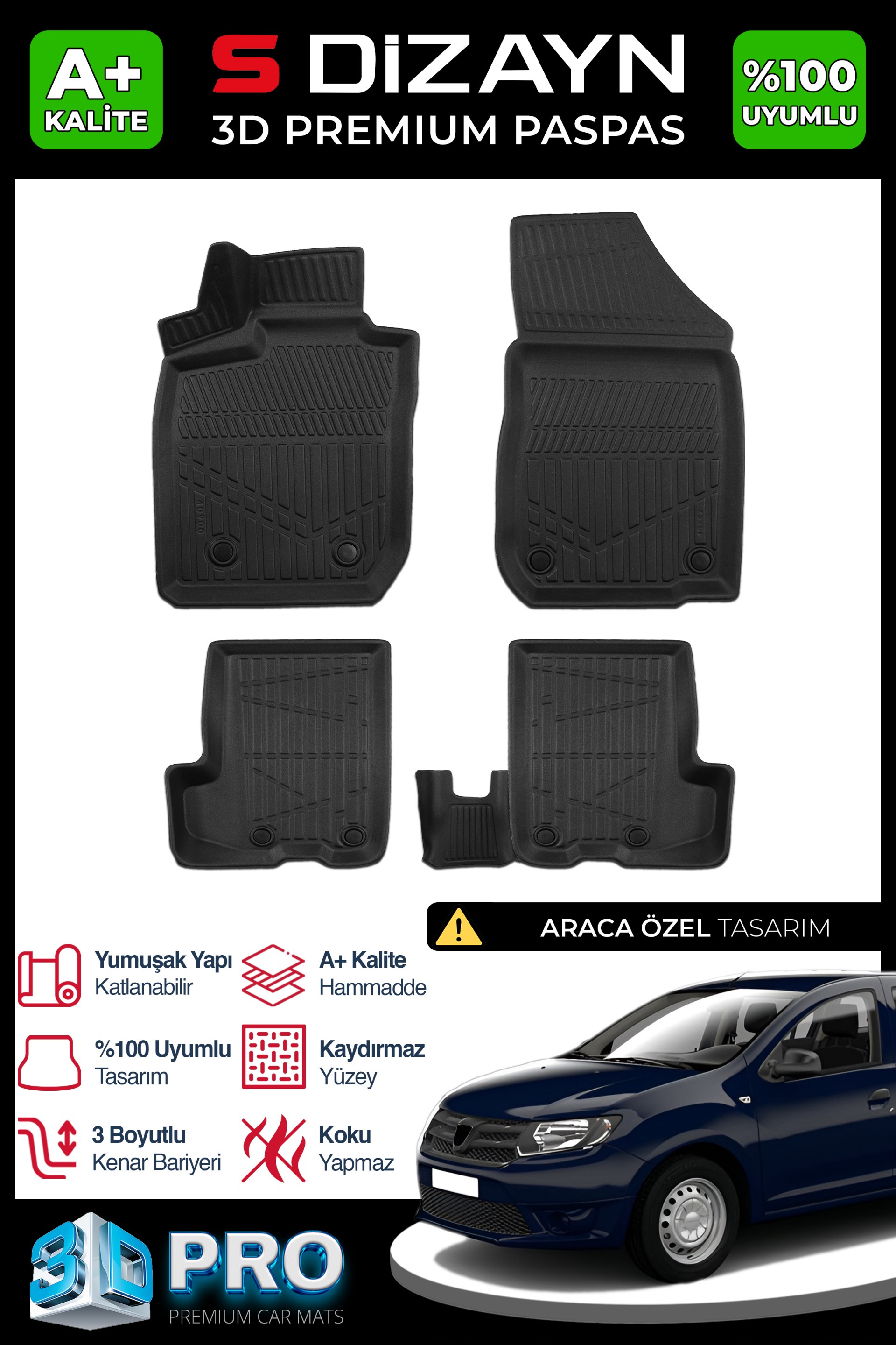 S-Dizayn Dacia Logan 2 Sedan EU 3D Pro Havuzlu Paspas 2013-2021 A+ Kalite