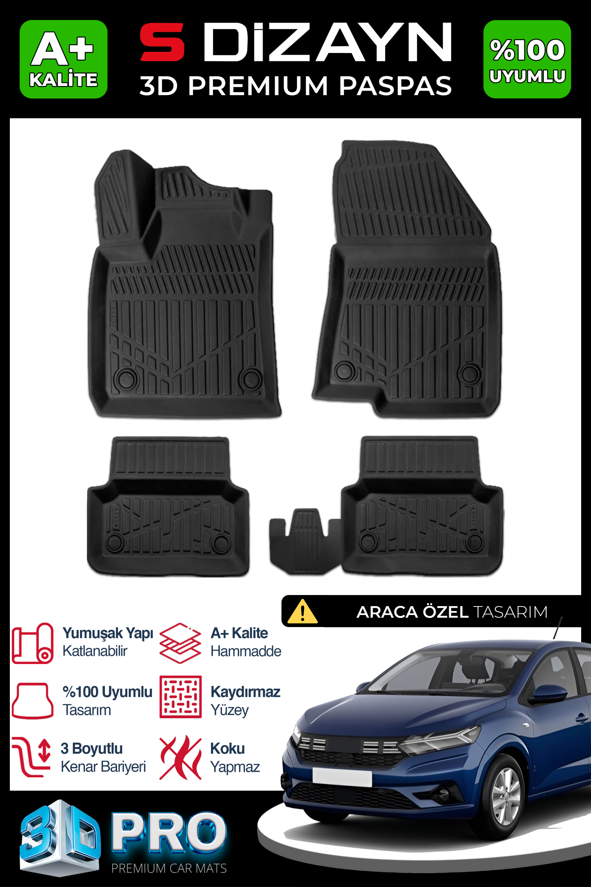 S-Dizayn Dacia Logan 3 Sedan EU 3D Pro Havuzlu Paspas 2021 Üzeri A+ Kalite