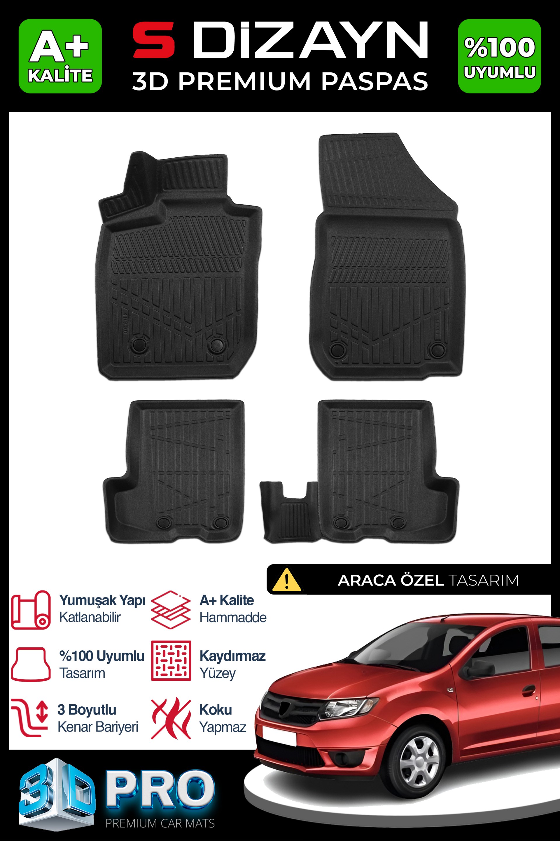 S-Dizayn Dacia Logan 3D Pro Havuzlu Paspas 2013 Üzeri A+ Kalite