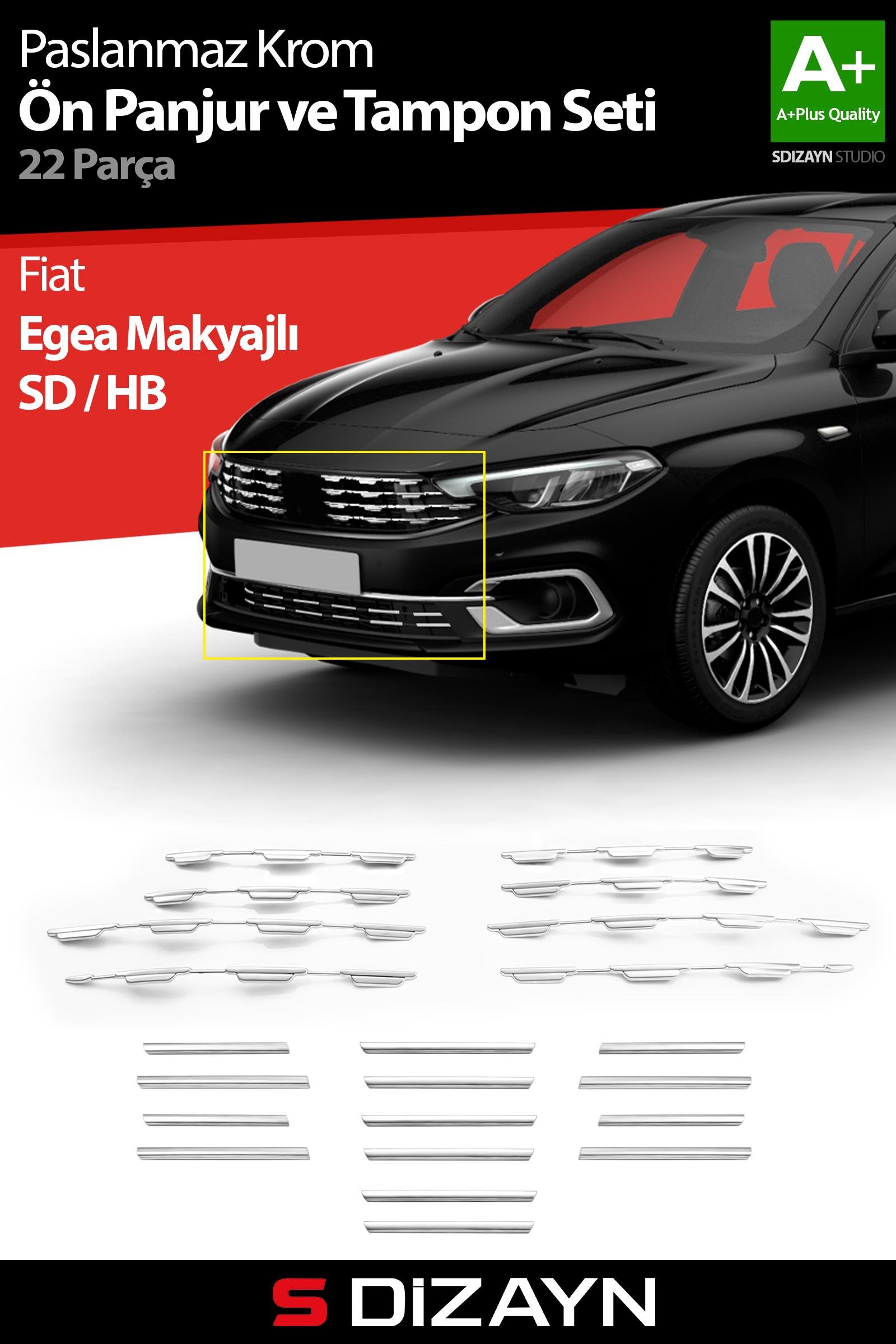 S-Dizayn Fiat Egea Krom Ön Panjur ve Tampon Çıta Seti Diamond Model 22 Prç. 2020 Üzeri (Parlak Krom)