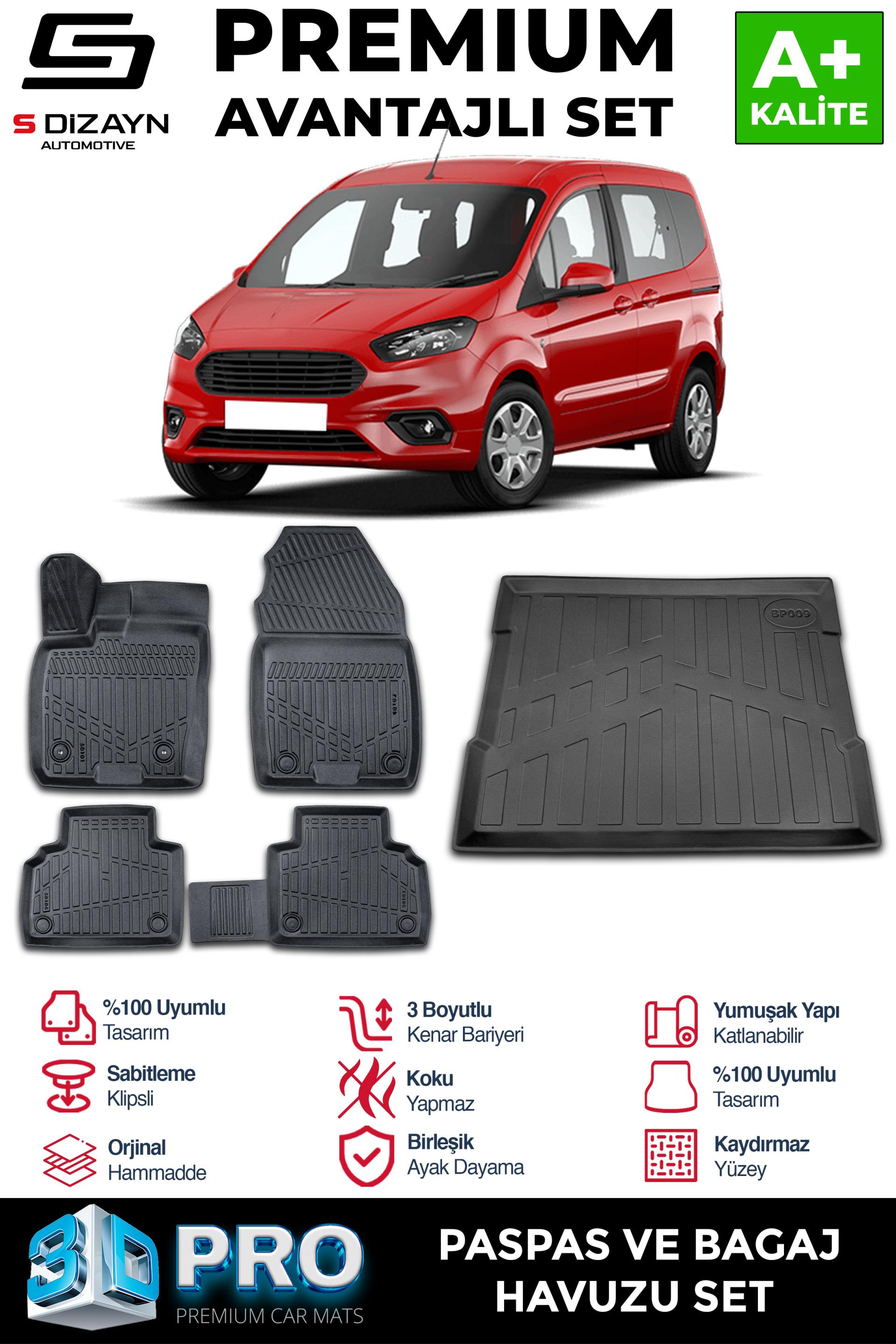 S-Dizayn Ford Courier 3D Pro Havuzlu Paspas ve Bagaj Havuzu Seti (2'li SET) 2014-2022 A+ Kalite