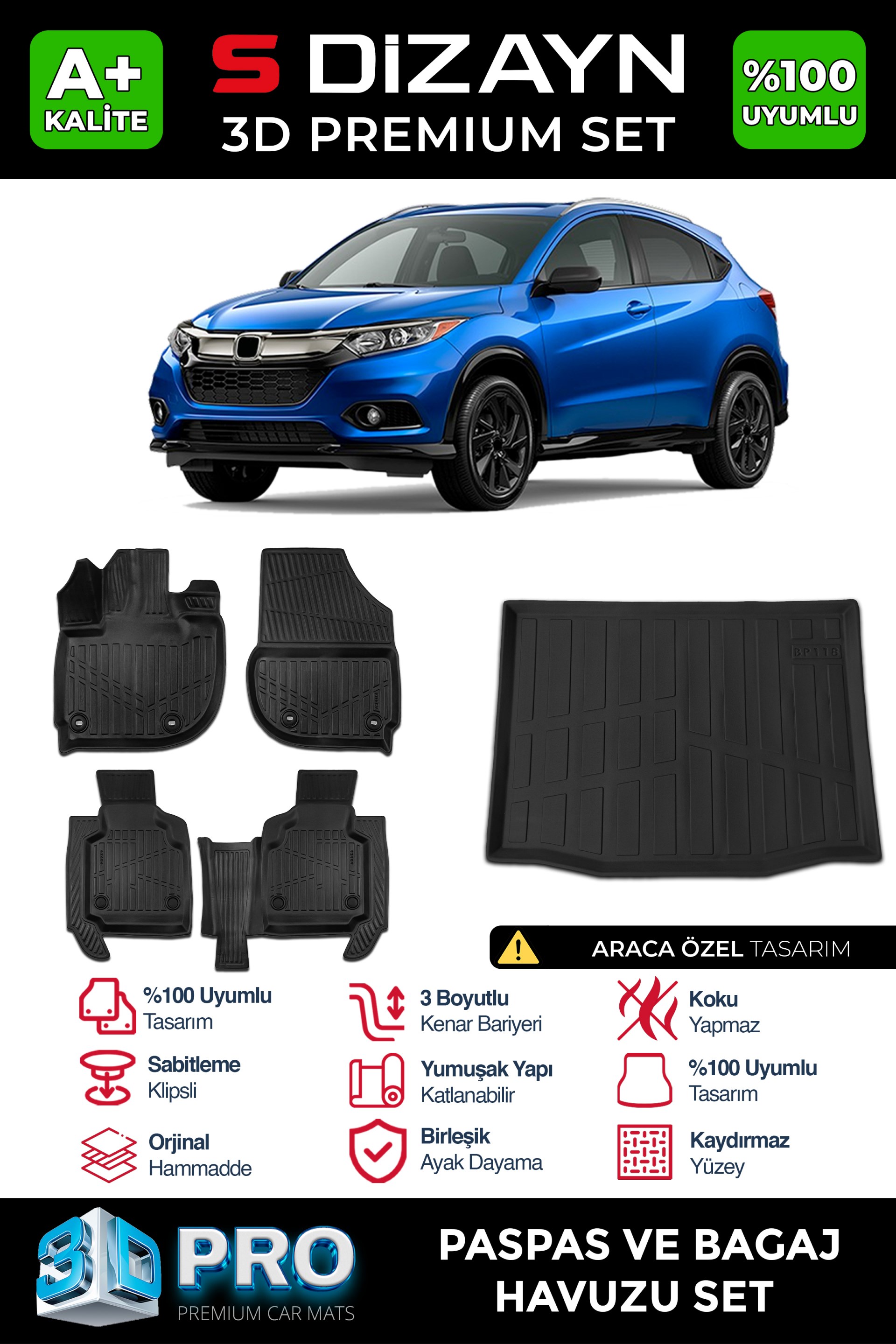 S-Dizayn Honda HR-V 3D Pro Havuzlu Paspas ve Bagaj Havuzu Seti (2'li SET) 2020 Üzeri A+ Kalite