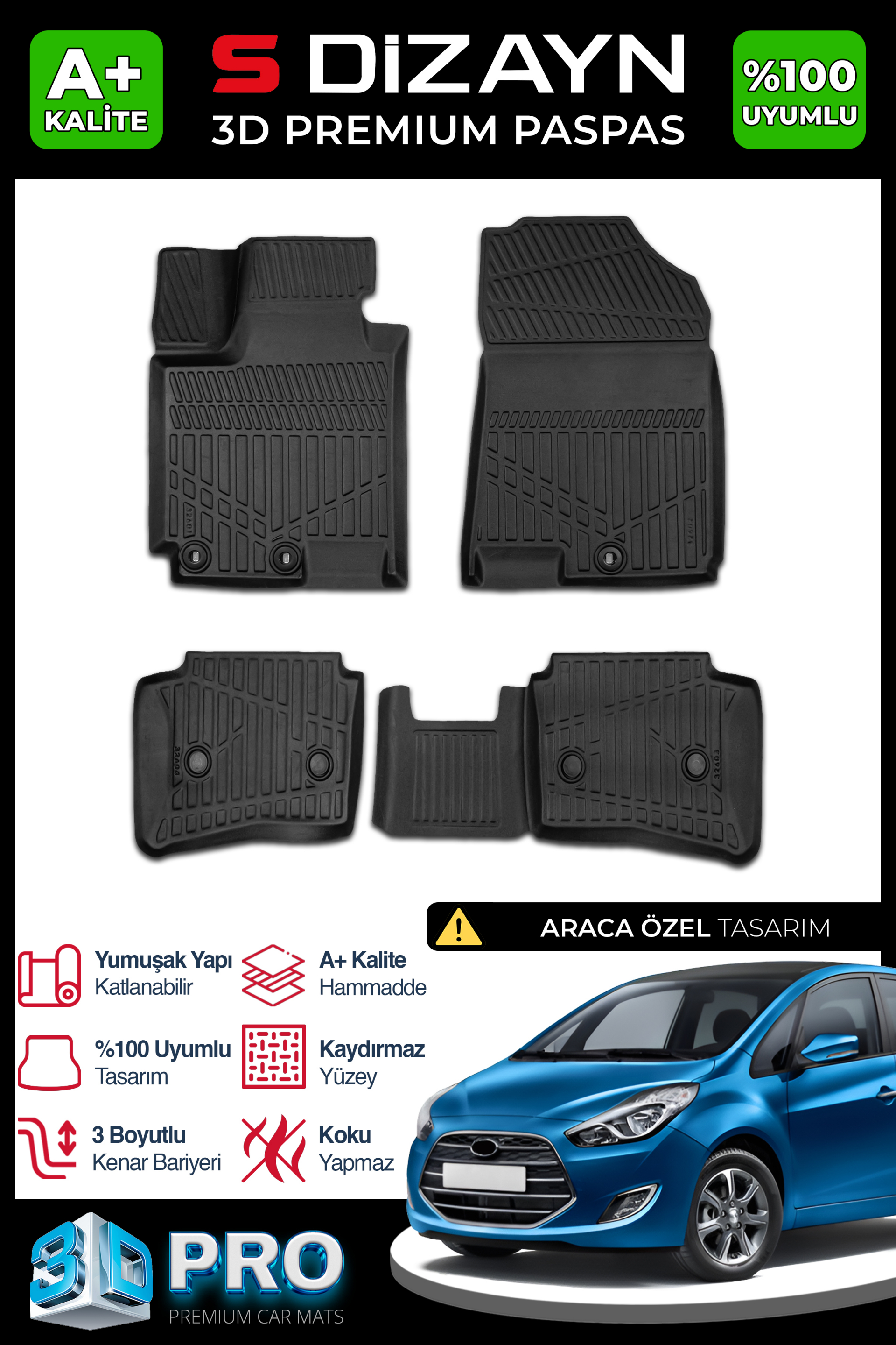 S-Dizayn Hyundai IX20 3D Pro Havuzlu Paspas 2015-2020 A+ Kalite