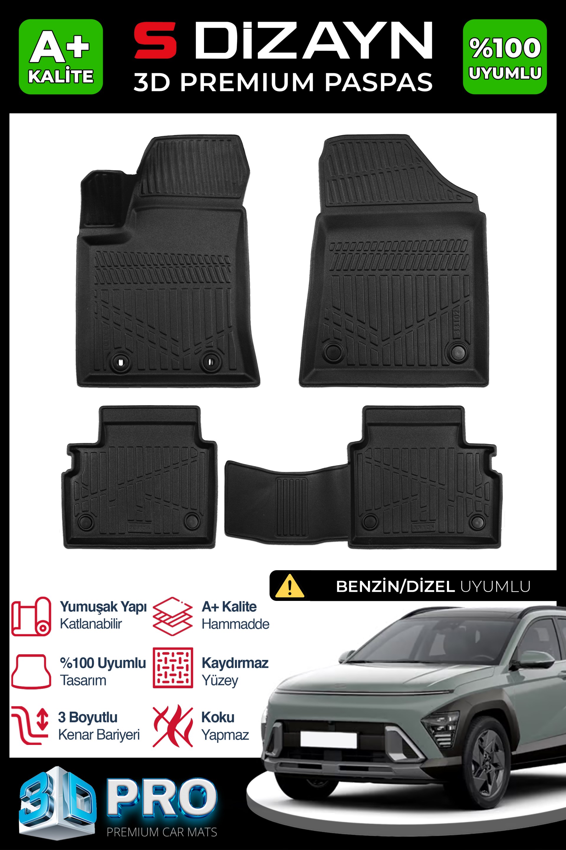 S-Dizayn Hyundai Kona Benzin/Dizel 3D Pro Havuzlu Paspas 2024 Üzeri A+ Kalite