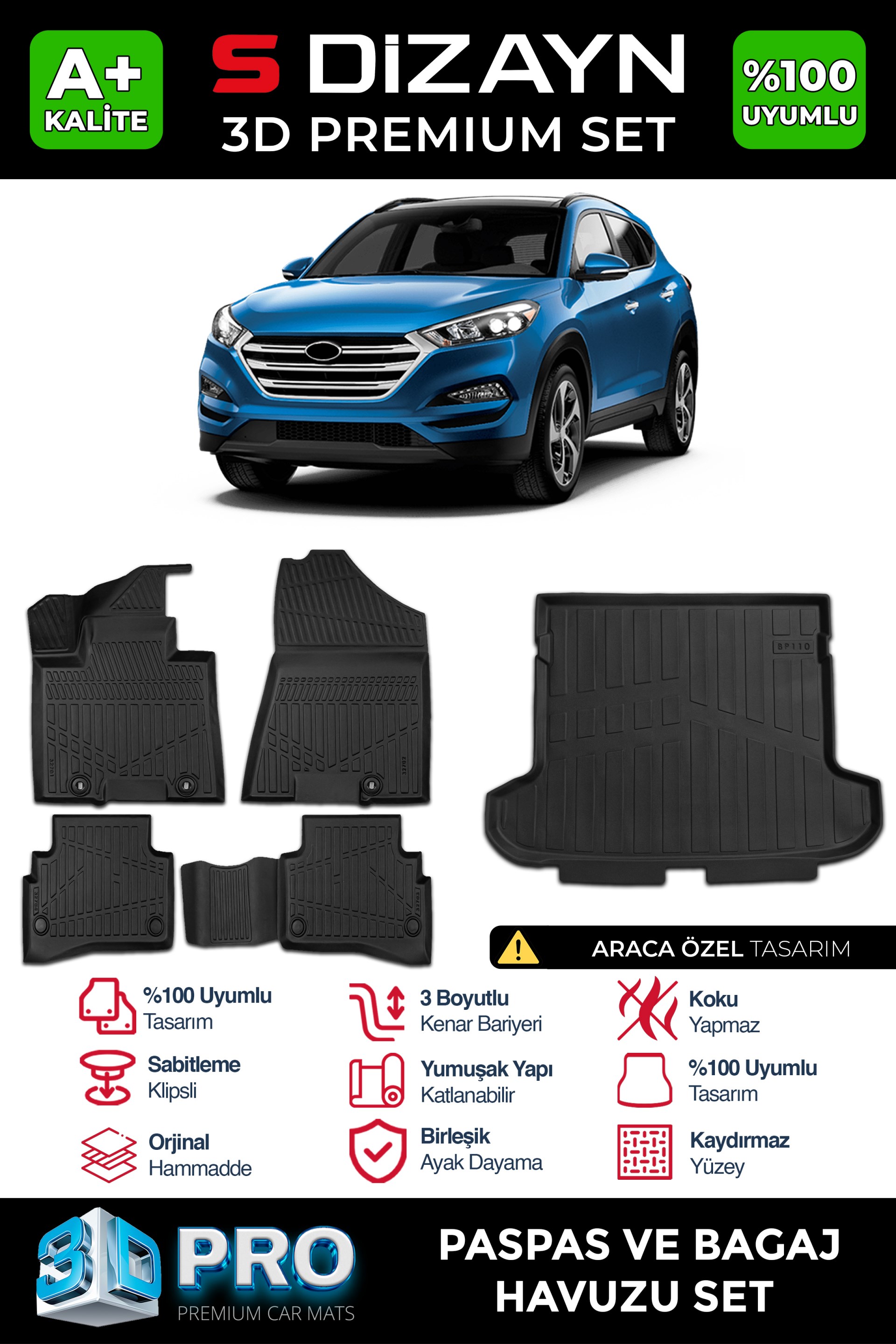 S-Dizayn Hyundai Tucson 3D Pro Havuzlu Paspas ve Bagaj Havuzu Seti (2'li SET) 2015-2021 A+ Kalite