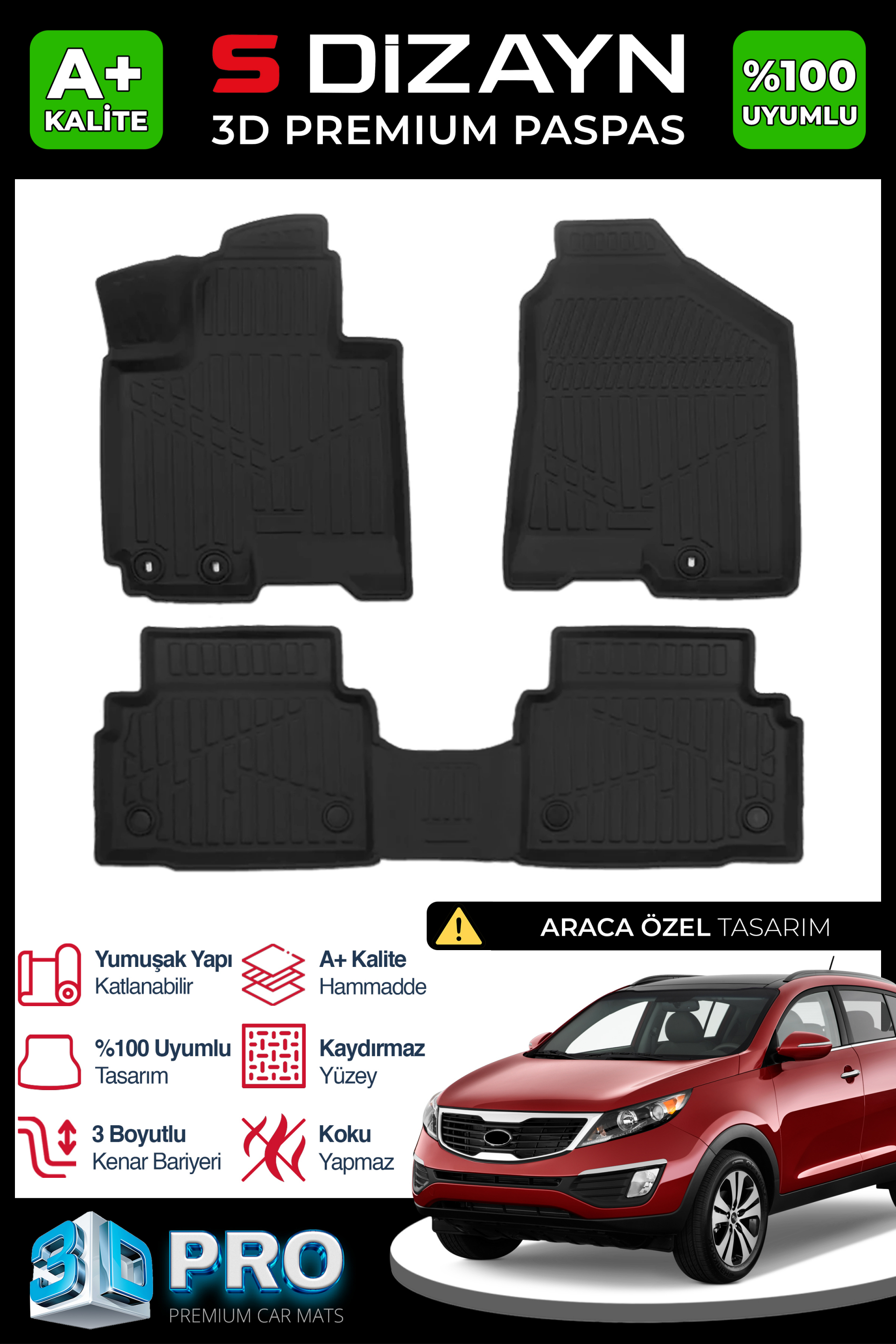 S-Dizayn Kia Sportage 3D Pro Havuzlu Paspas 2011-2015 A+ Kalite