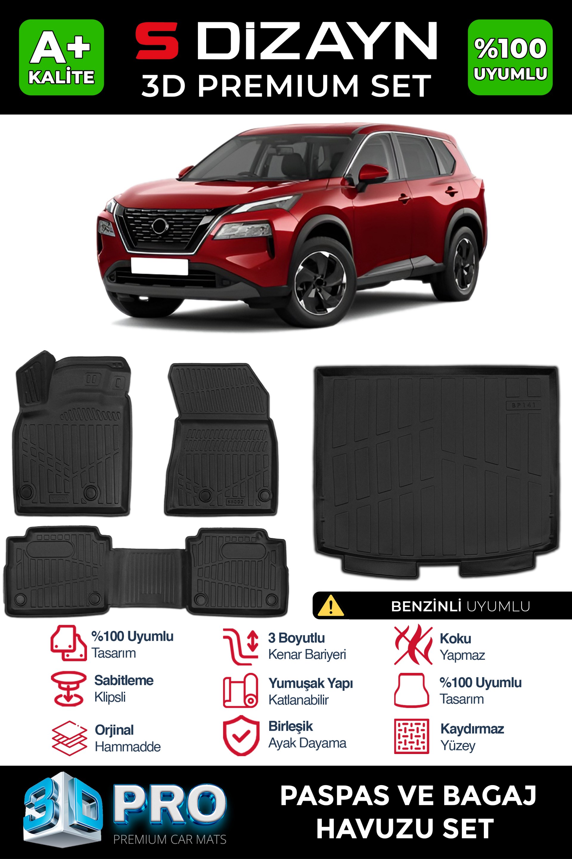 S-Dizayn Nissan X-Trail Benzinli 3D Pro Havuzlu Paspas ve Bagaj Havuzu Seti (2'li SET) 2022 Üzeri A+ Kalite