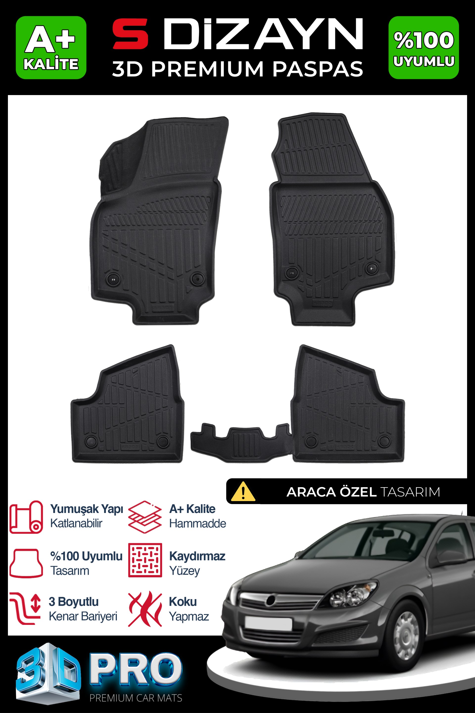 S-Dizayn Opel Astra H 3D Pro Havuzlu Paspas 2004-2009 A+ Kalite