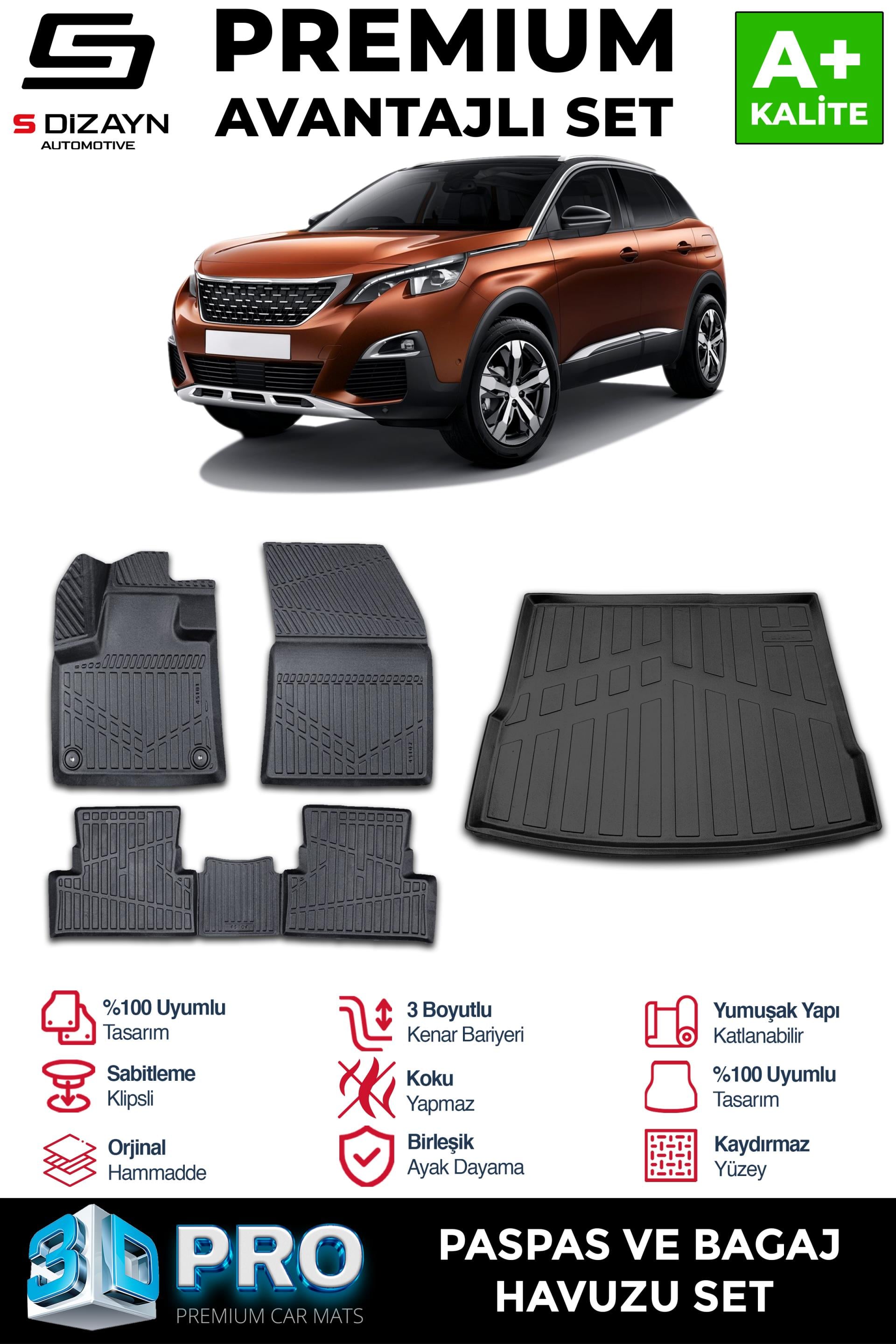S-Dizayn Peugeot 3008 3D Pro Havuzlu Paspas ve Üst Bagaj Havuzu Seti (2'li SET)  2016-2023 A+ Kalite