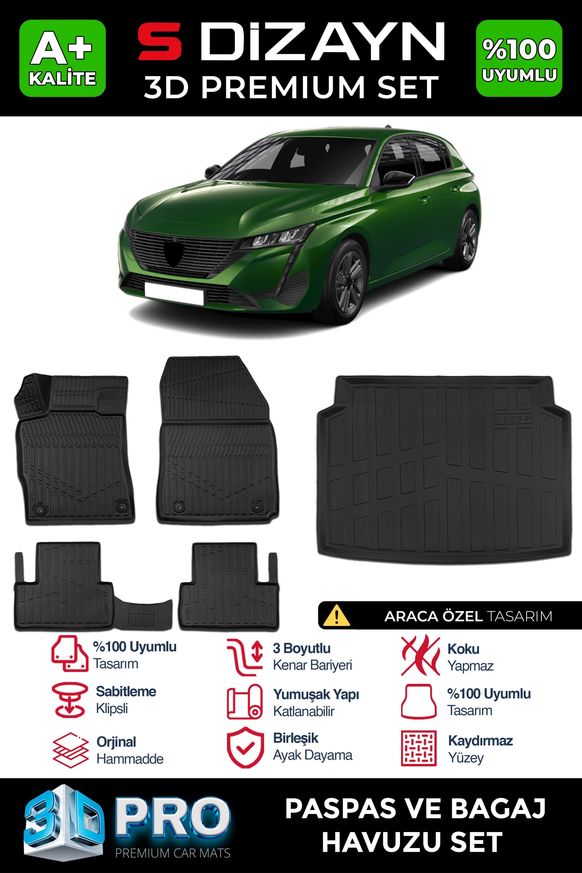 S-Dizayn Peugeot 308 3D Pro Havuzlu Paspas ve Bagaj Havuzu Seti (2'li SET) 2022 Üzeri A+ Kalite