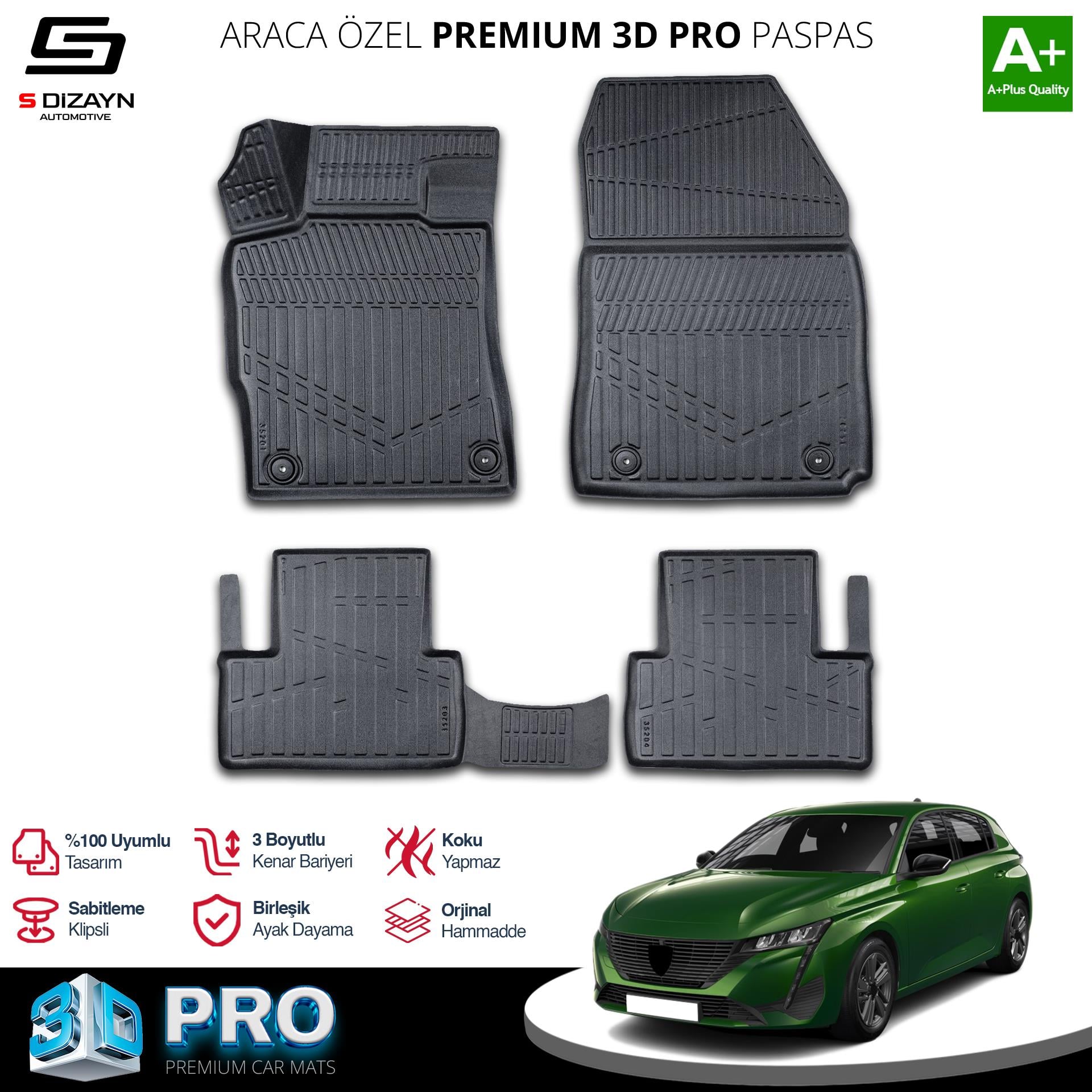 S-Dizayn Peugeot 308 3D Pro Havuzlu Paspas 2021 Üzeri A+ Kalite