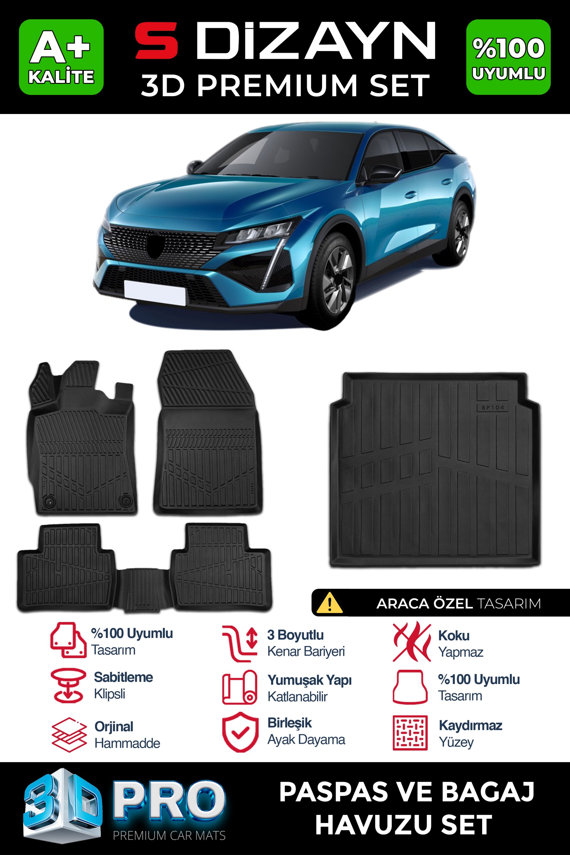 S-Dizayn Peugeot 408 3D Pro Havuzlu Paspas ve Bagaj Havuzu Seti (2'li SET) 2023 Üzeri A+ Kalite