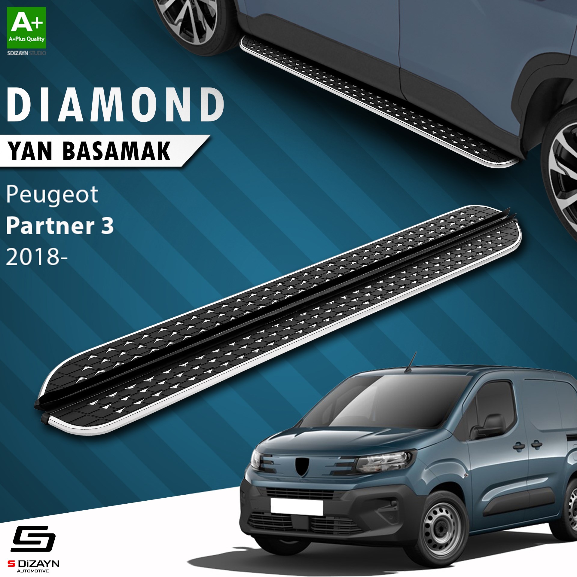 S-Dizayn Peugeot Partner 3 Diamond Krom Yan Basamak 203 Cm 2018 Üzeri A+ Kalite