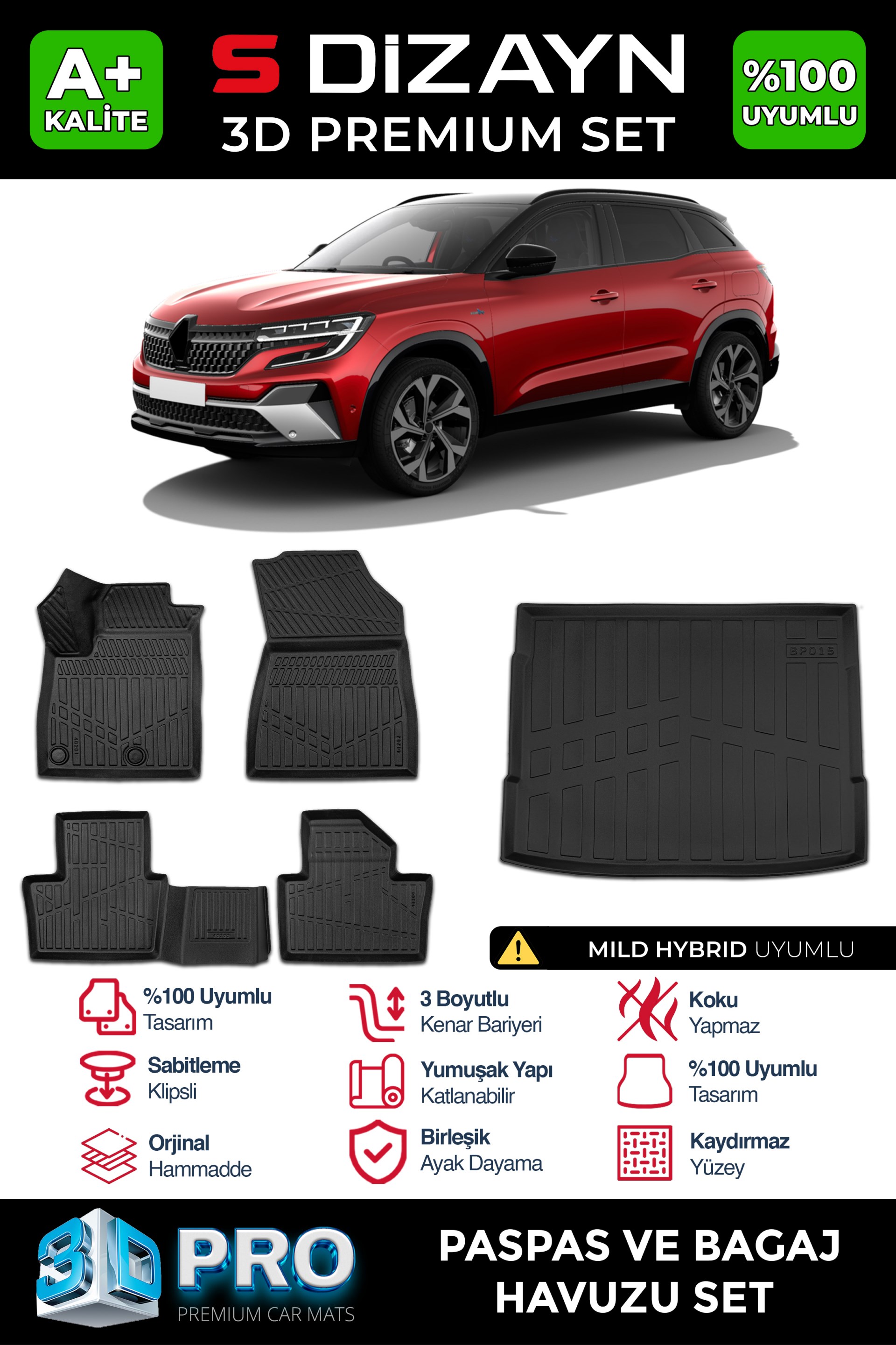 S-Dizayn Renault Austral Mild Hybrid 3D Pro Havuzlu Paspas ve Bagaj Havuzu Seti (2'li SET) 2023 Üzeri A+ Kalite