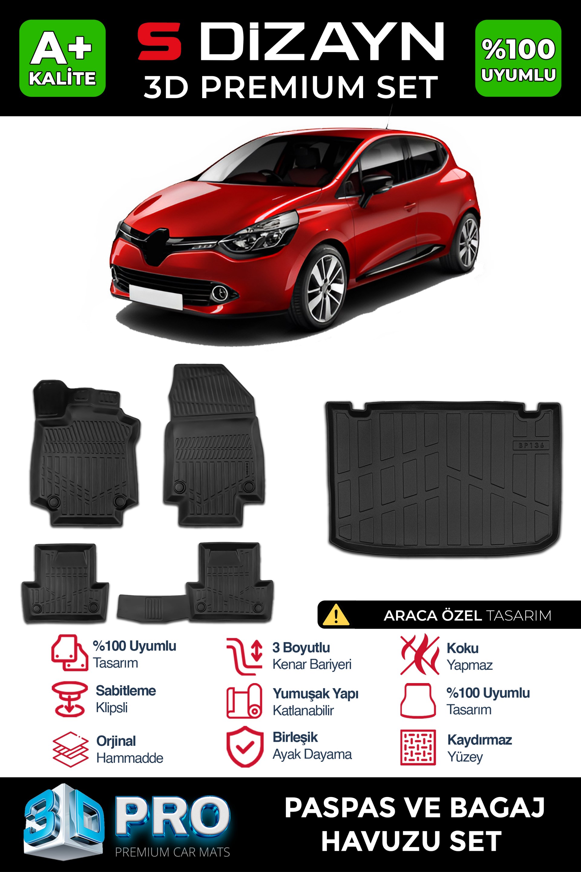 S-Dizayn Renault Clio 4 3D Pro Havuzlu Paspas ve Bagaj Havuzu Seti (2'li SET) 2012-2019 A+ Kalite