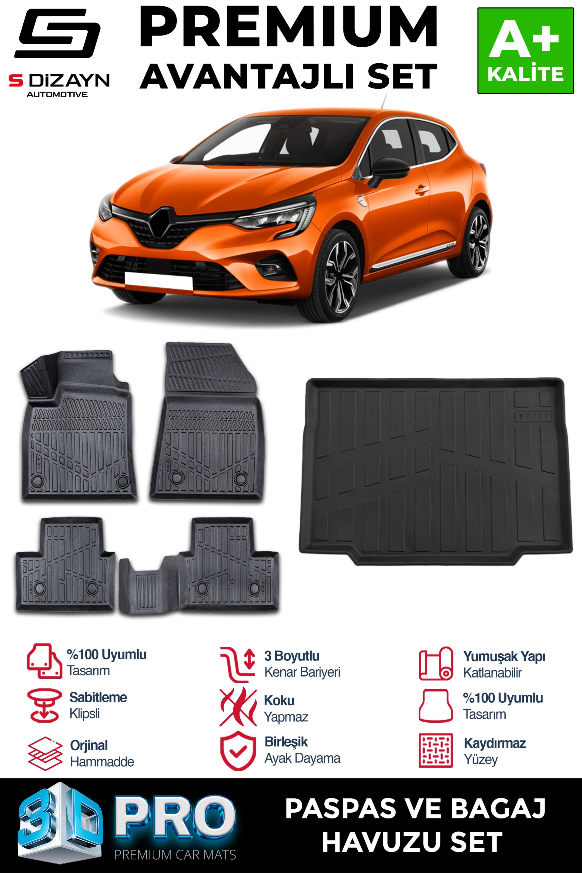 S-Dizayn Renault Clio 5 3D Pro Havuzlu Paspas ve Bagaj Havuzu Seti (2'li SET) 2019 Üzeri A+ Kalite