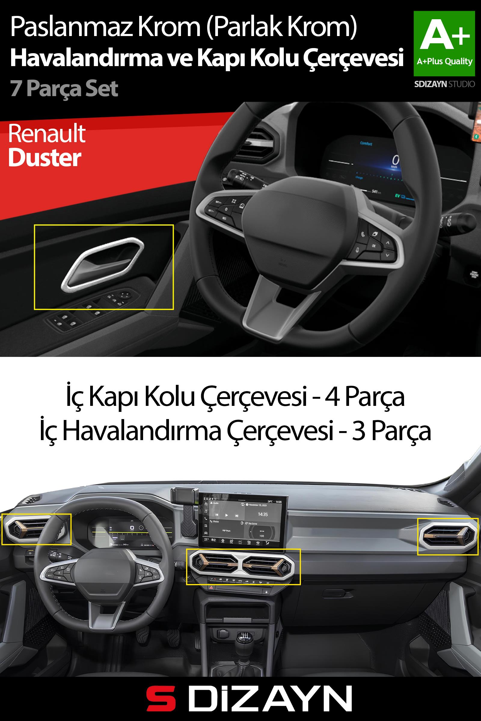 S-Dizayn Renault Duster Krom Havalandırma ve İç Kapı Kolu Çerçevesi 7 Prç. 2024 Üzeri (Parlak Krom) A+ Kalite