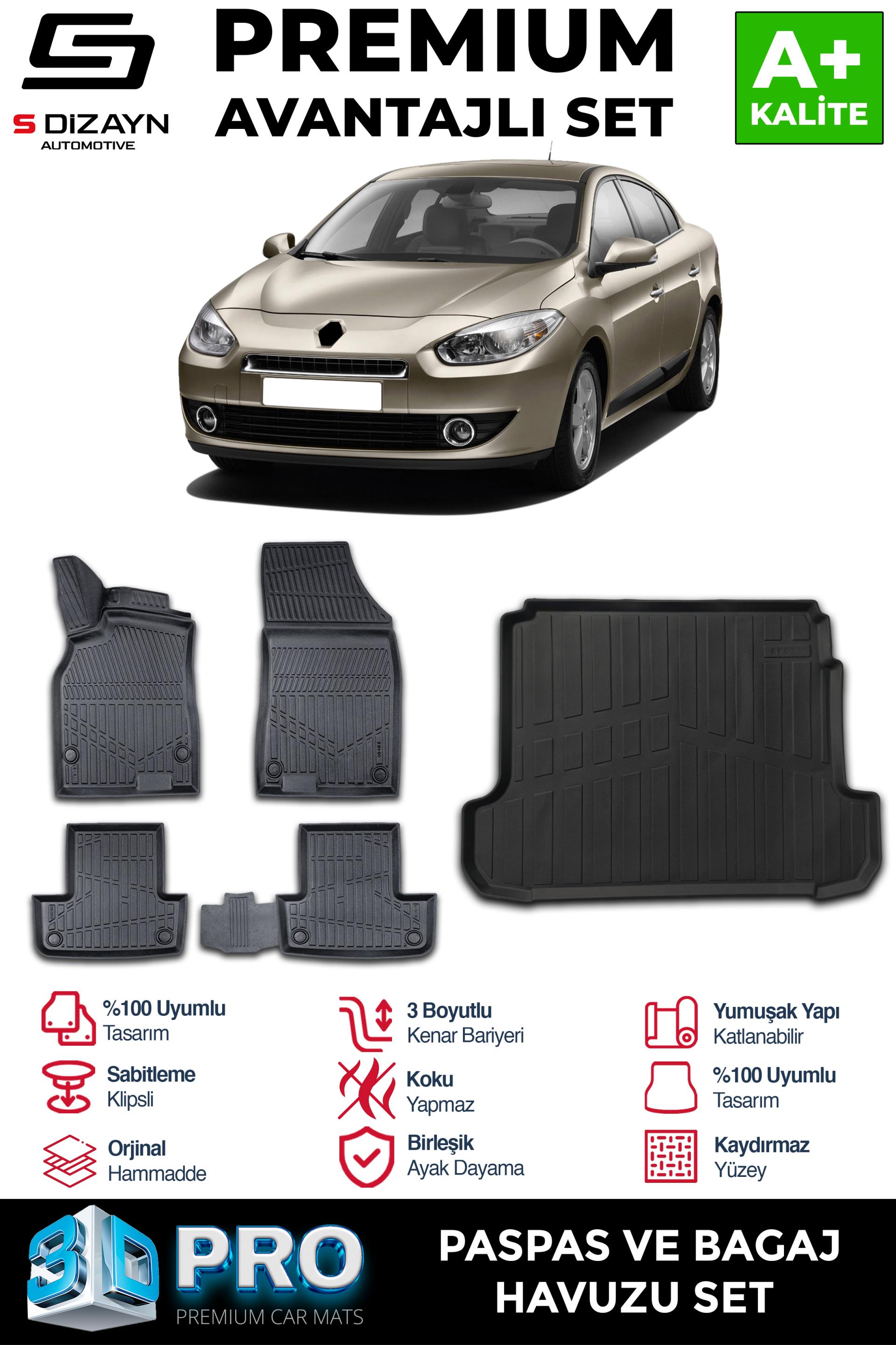 S-Dizayn Renault Fluence 3D Pro Havuzlu Paspas ve Bagaj Havuzu Seti (2'li SET) 2010-2016 A+ Kalite