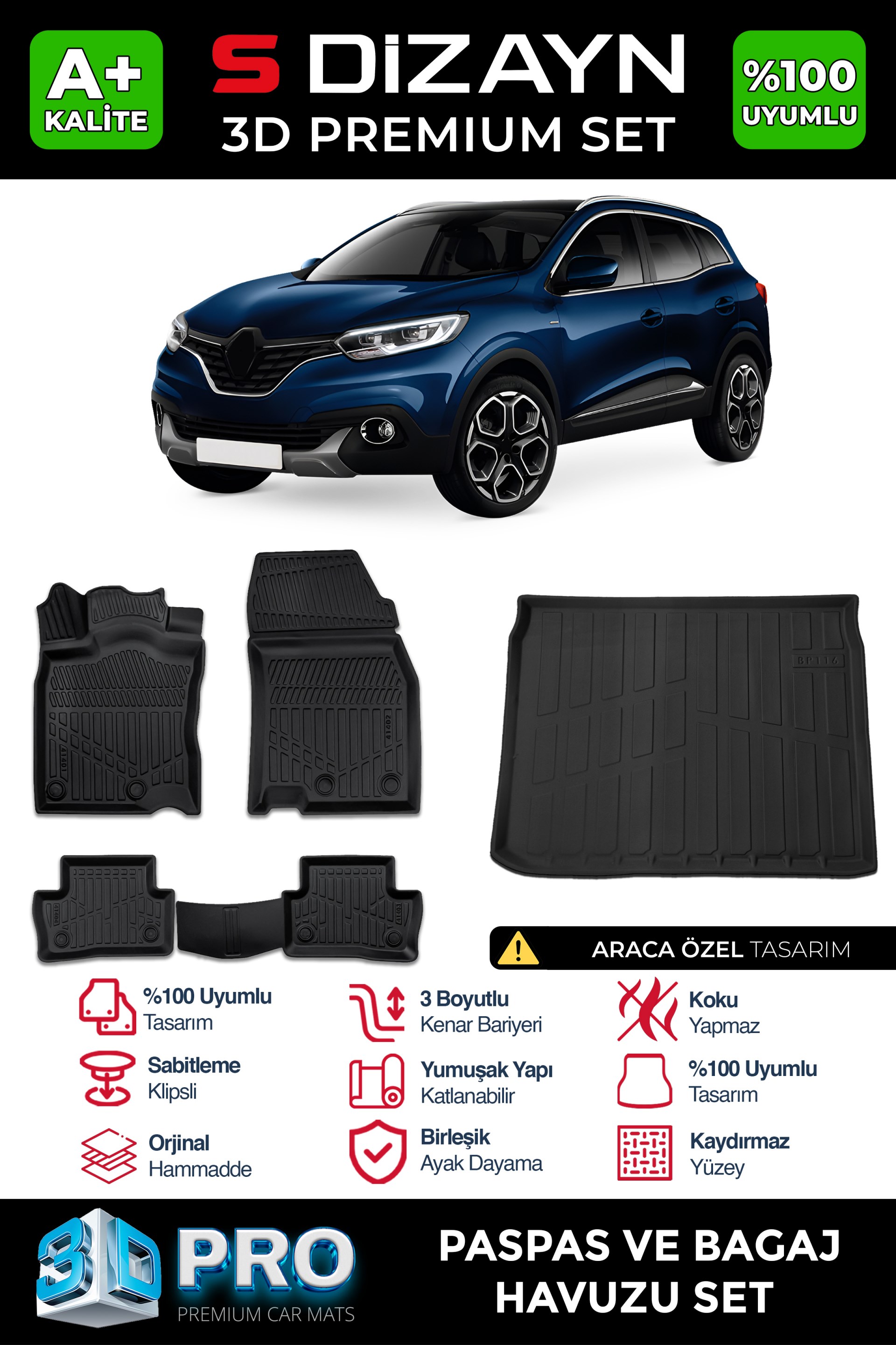 S-Dizayn Renault Kadjar 3D Pro Havuzlu Paspas ve Bagaj Havuzu Seti (2'li SET) 2015 Üzeri A+ Kalite