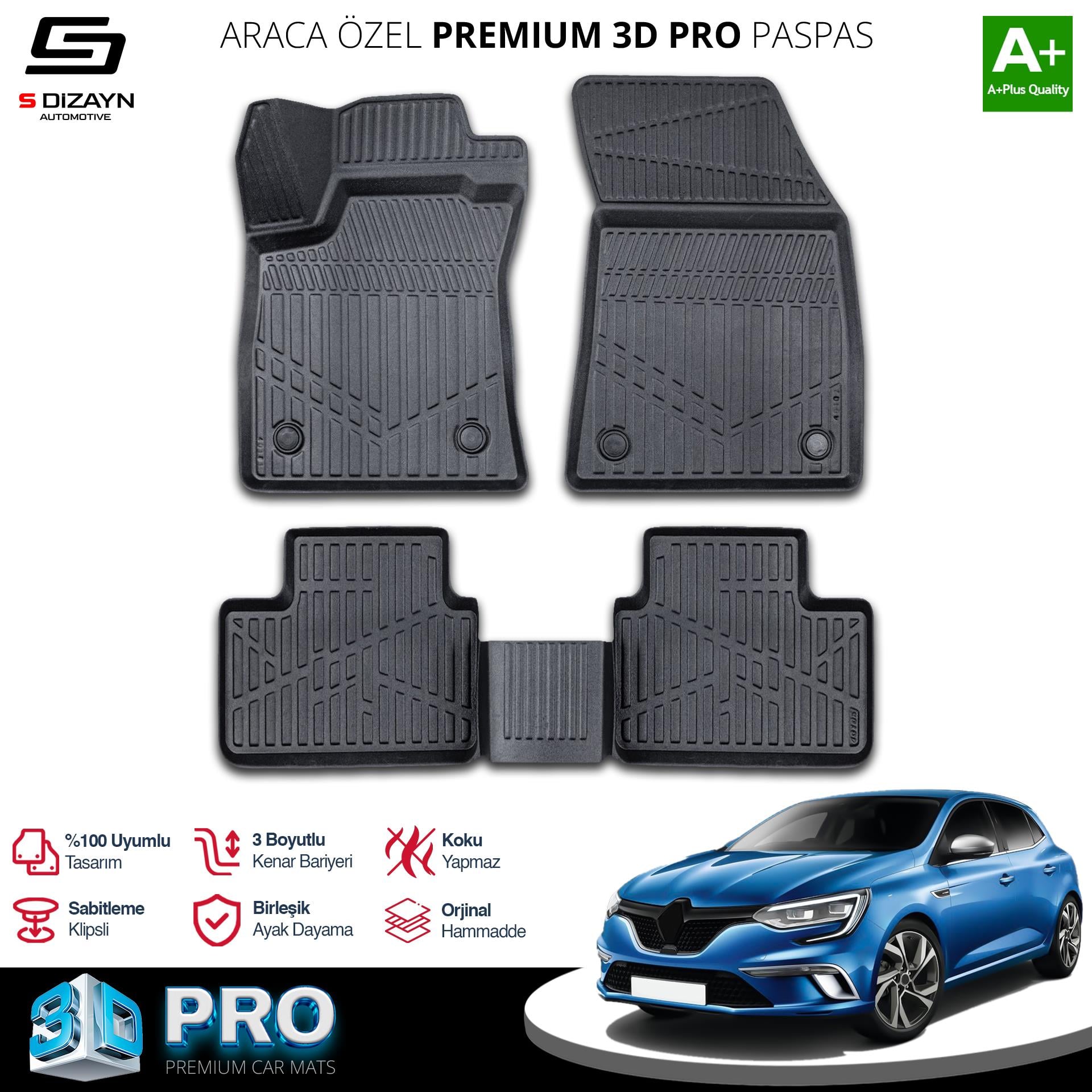 S-Dizayn Renault Megane 4 3D Pro Havuzlu Paspas 2016 üzeri A+ Kalite