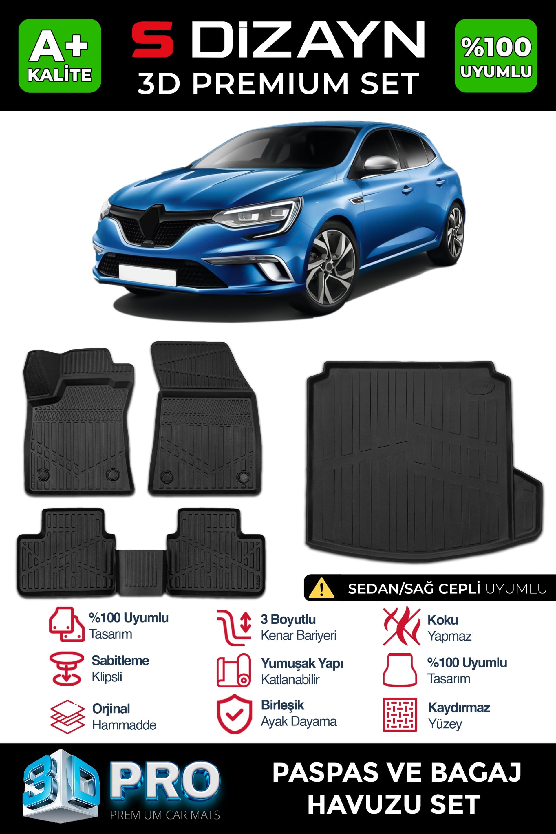 S-Dizayn Renault Megane 4 Sedan 3D Pro Havuzlu Paspas ve Sağ Kulak Paspas Bagaj Havuzu Seti (2'li SET)  2016-2021 A+ Kalite