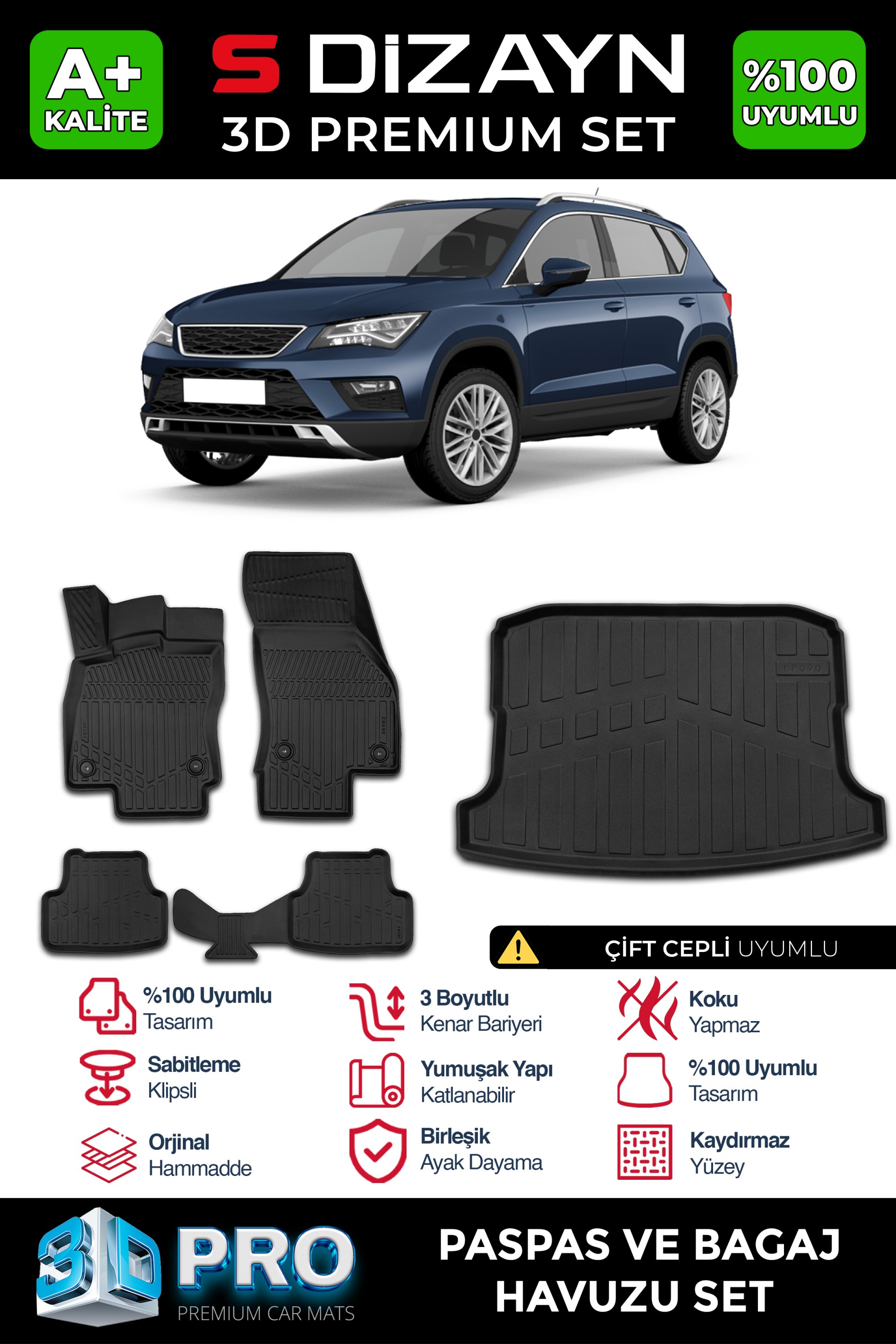 S-Dizayn Seat Ateca 3D Pro Havuzlu Paspas ve Çift Cepli Bagaj Havuzu Seti (2'li SET) 2017-2020 A+ Kalite