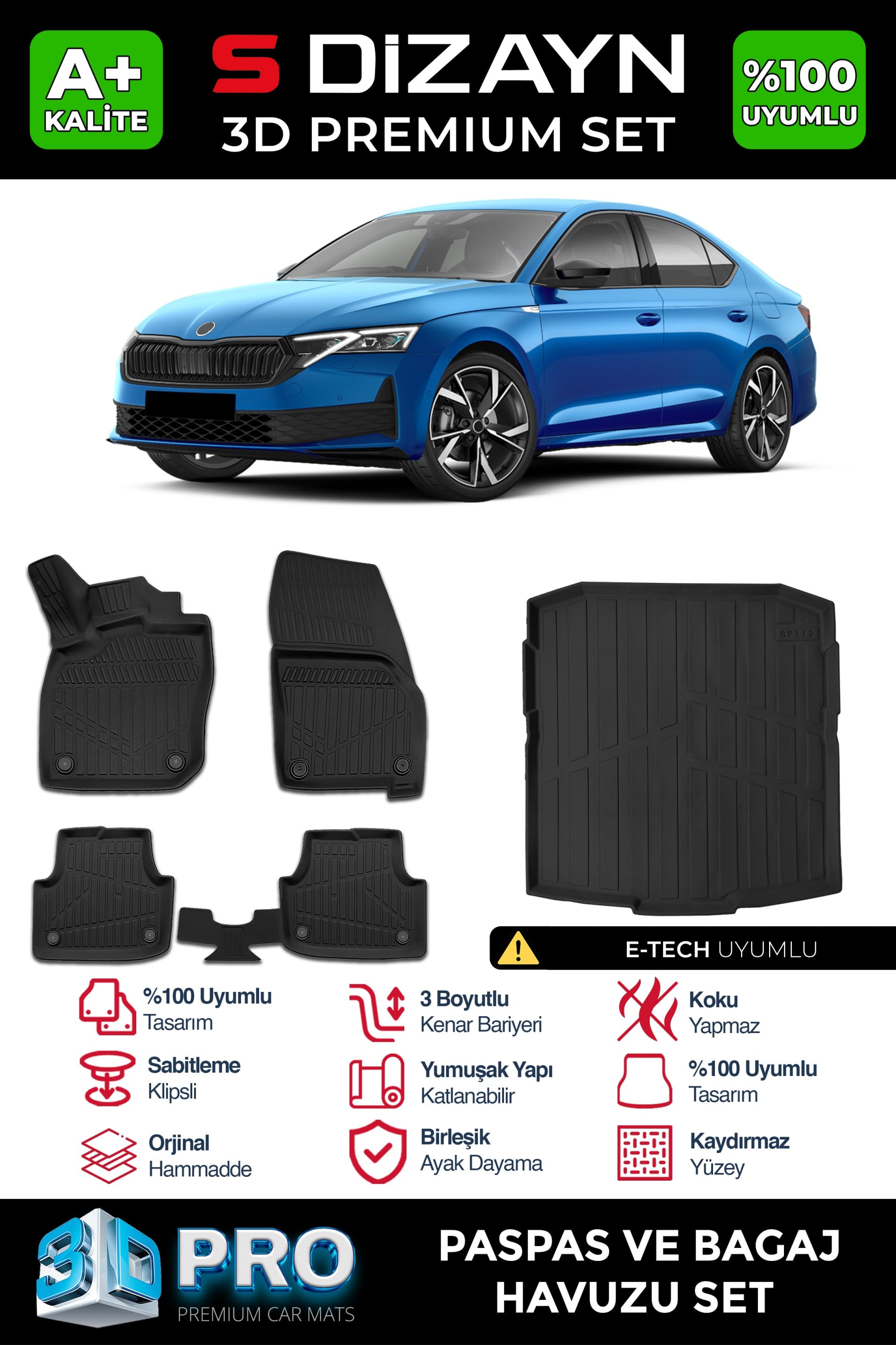 S-Dizayn Skoda Octavia 4 A8 E-Tech 3D Pro Havuzlu Paspas ve Bagaj Havuzu Seti (2'li SET) 2024 Üzeri A+ Kalite