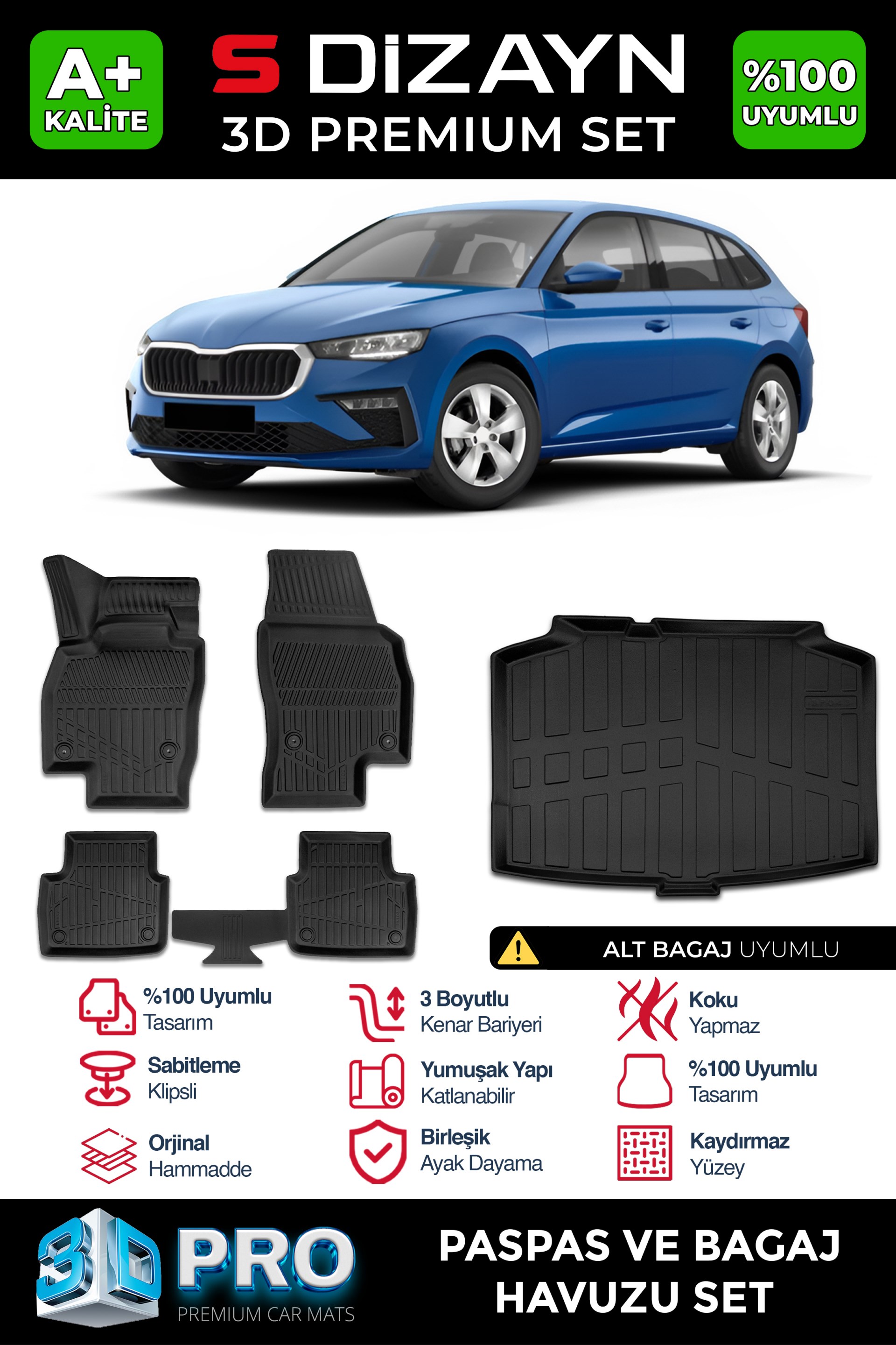 S-Dizayn Skoda Scala 3D Pro Havuzlu Paspas ve Bagaj Havuzu Seti (2'li SET) 2019 Üzeri A+ Kalite