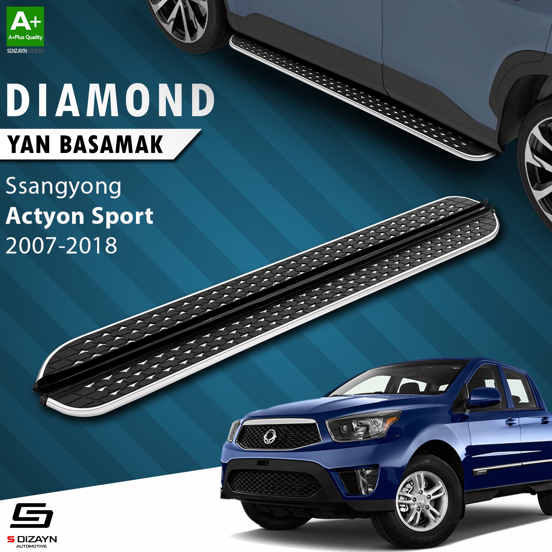 S-Dizayn Ssangyong Actyon Sports Diamond Krom Yan Basamak 203 Cm 2007-2018 A+ Kalite