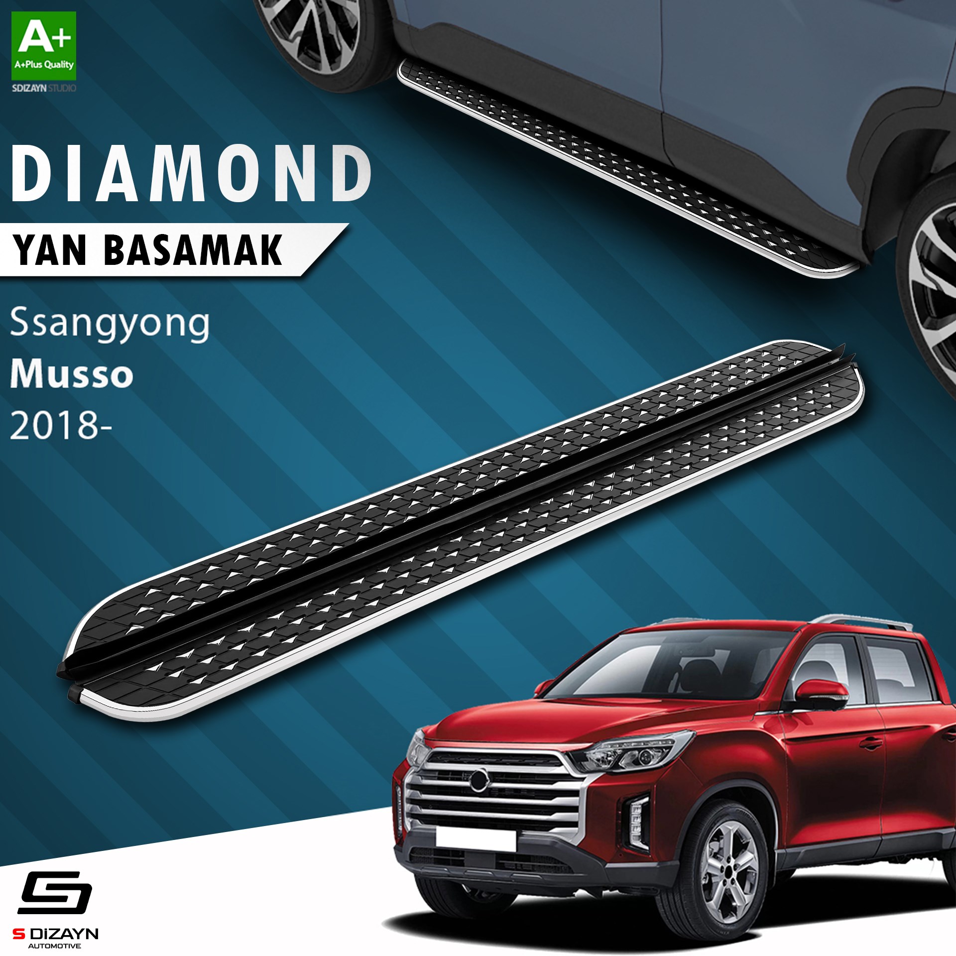 S-Dizayn Ssangyong Musso Diamond Krom Yan Basamak 203 Cm 2018 Üzeri A+ Kalite