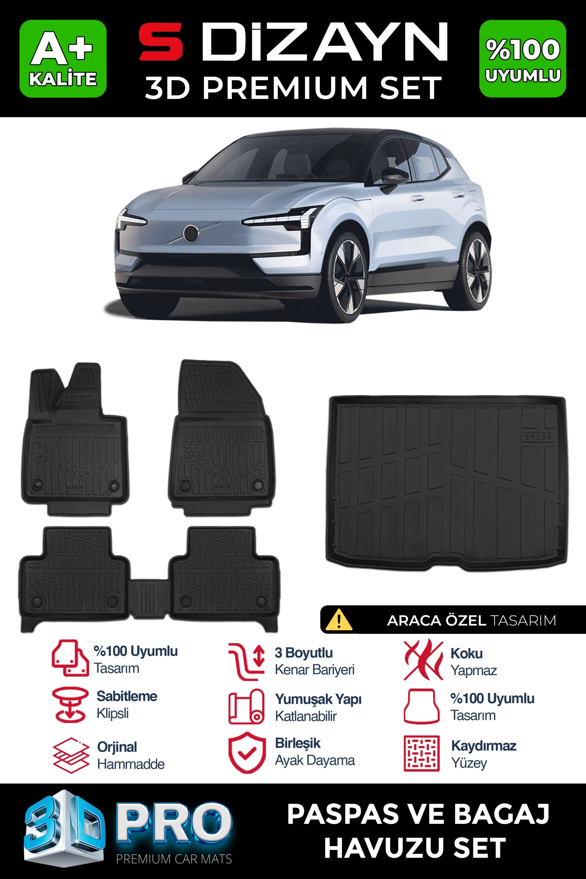 S-Dizayn Volvo EX30 3D Pro Havuzlu Paspas ve Bagaj Havuzu Seti (2'li SET) 2025 Üzeri A+ Kalite