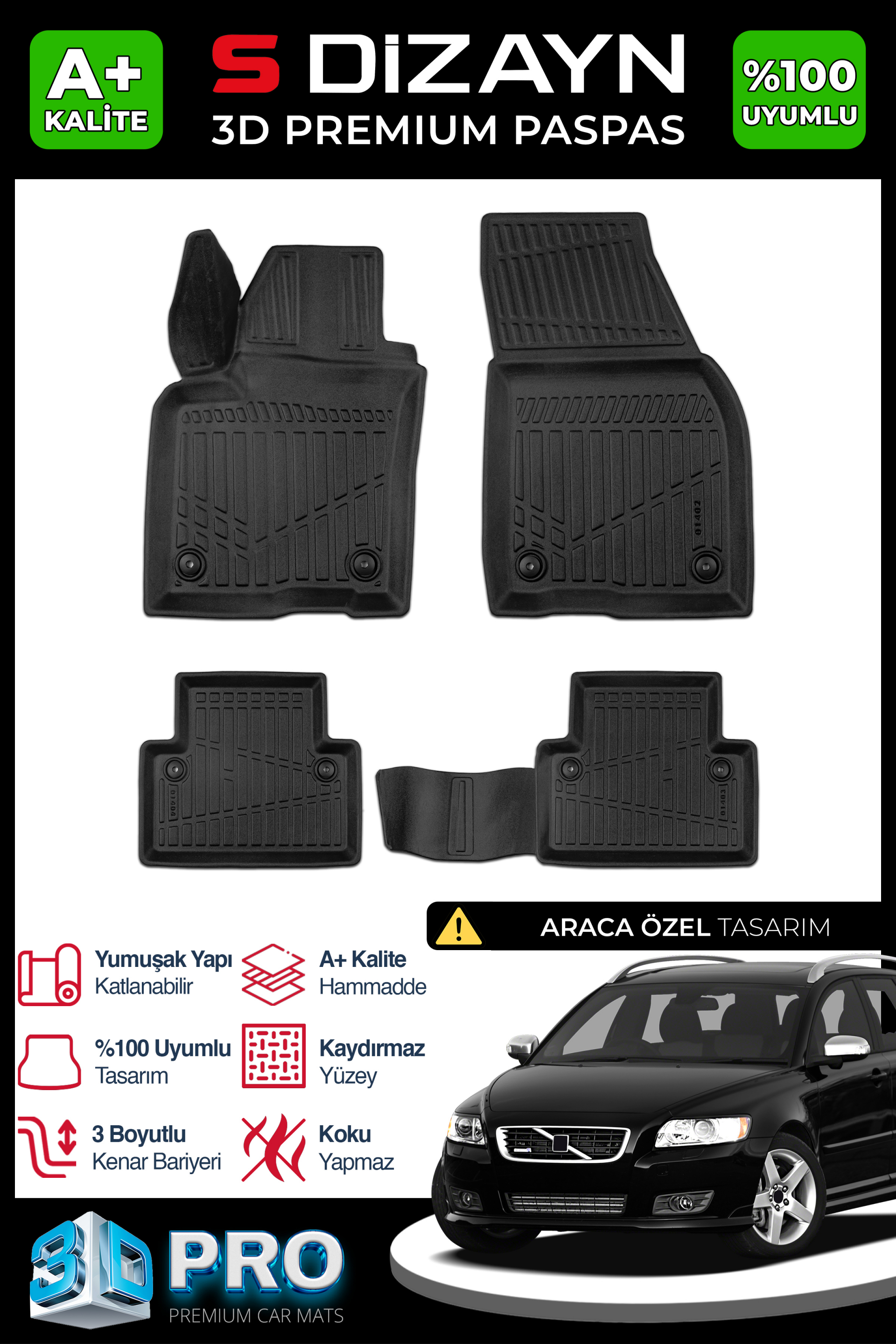 S-Dizayn Volvo V50 3D Pro Havuzlu Paspas 2004-2012 A+ Kalite