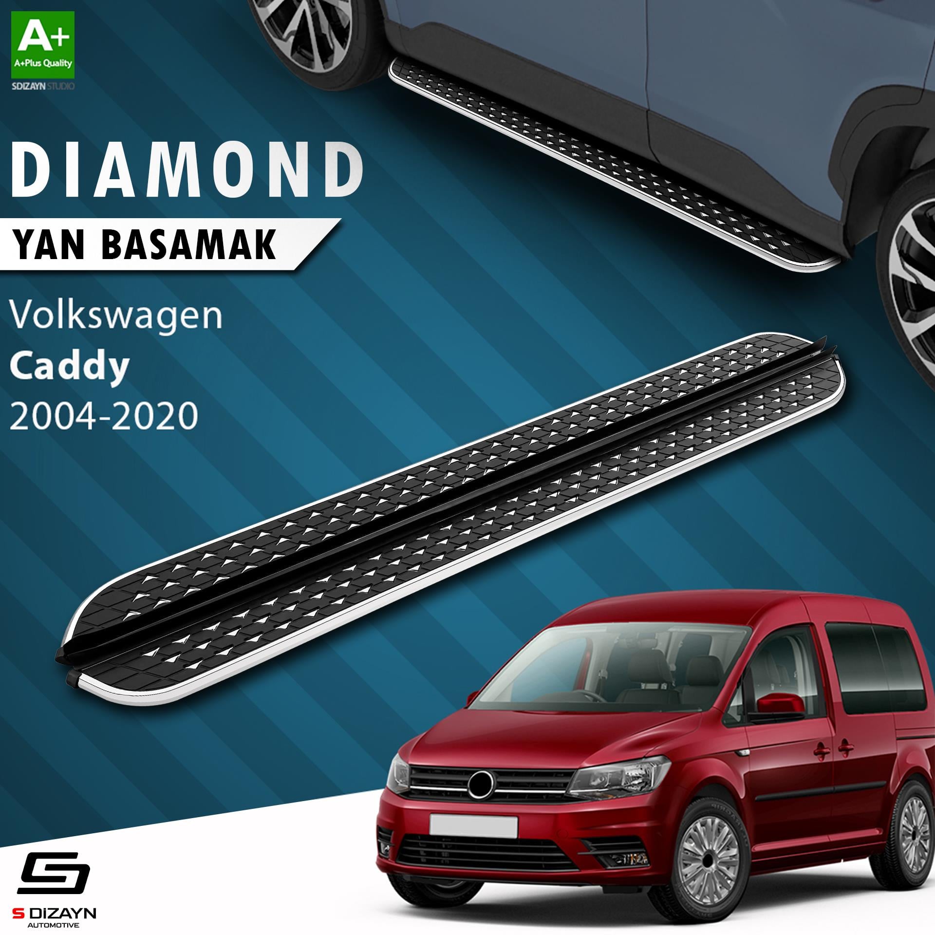 S-Dizayn VW Caddy 3 Uzun Şase Diamond Krom Yan Basamak 223 Cm 2004-2020 A+ Kalite