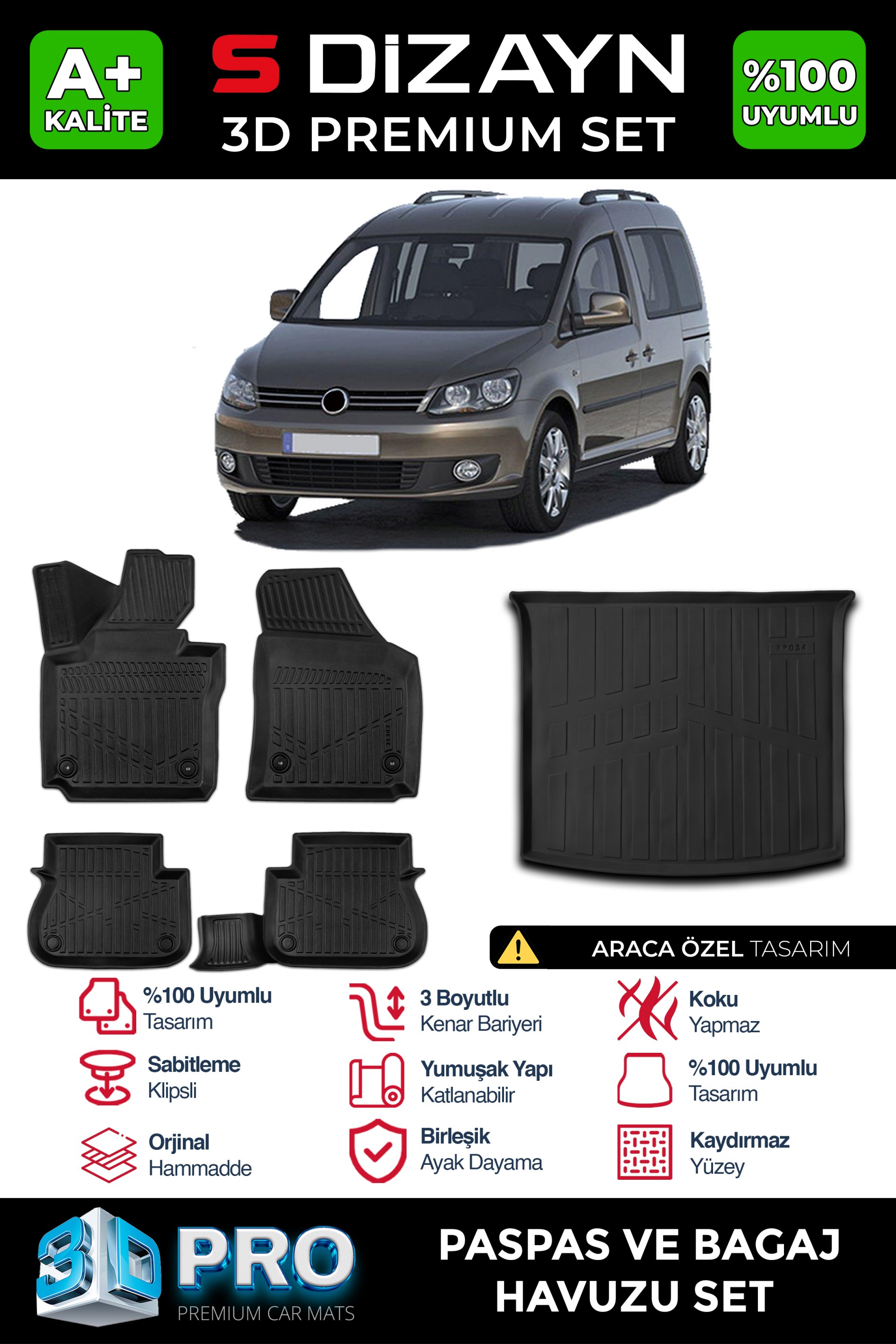 S-Dizayn VW Caddy 3D Pro Havuzlu Paspas ve Bagaj Havuzu Seti (2'li SET) 2010-2015 A+ Kalite
