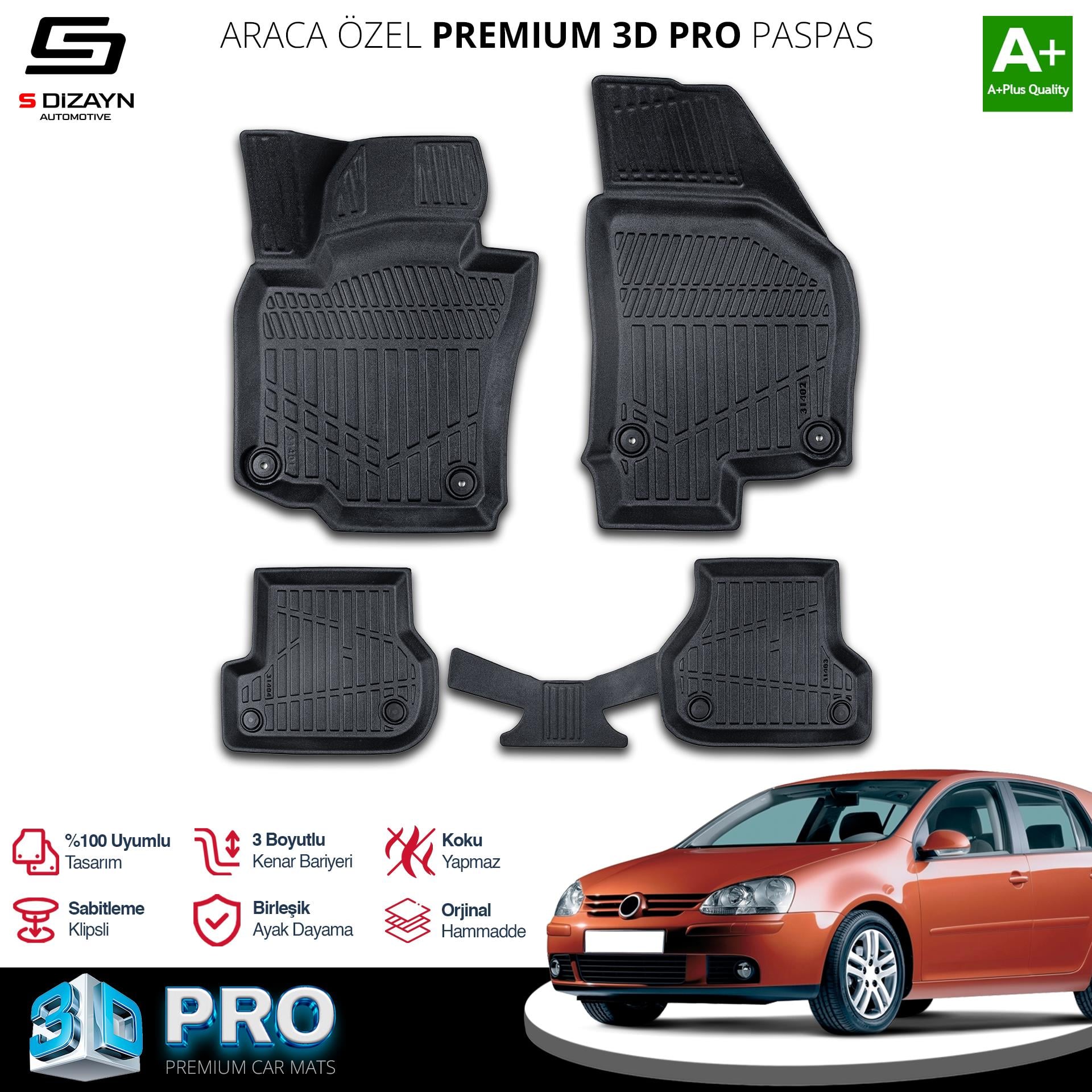 S-Dizayn VW Golf 5 3D Pro Havuzlu Paspas 2004-2008 A+ Kalite