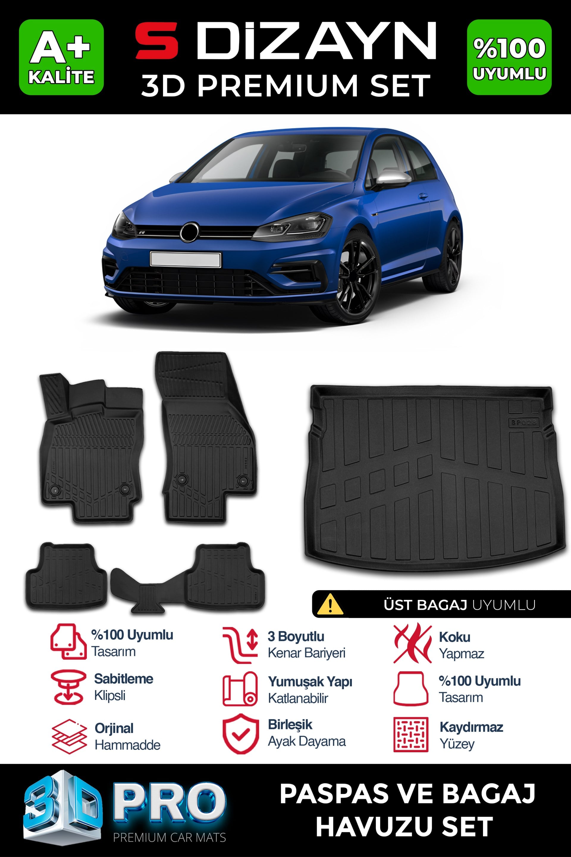 S-Dizayn VW Golf 7 3D Pro Havuzlu Paspas ve Bagaj Havuzu Seti (2'li SET) 2012-2020 A+ Kalite