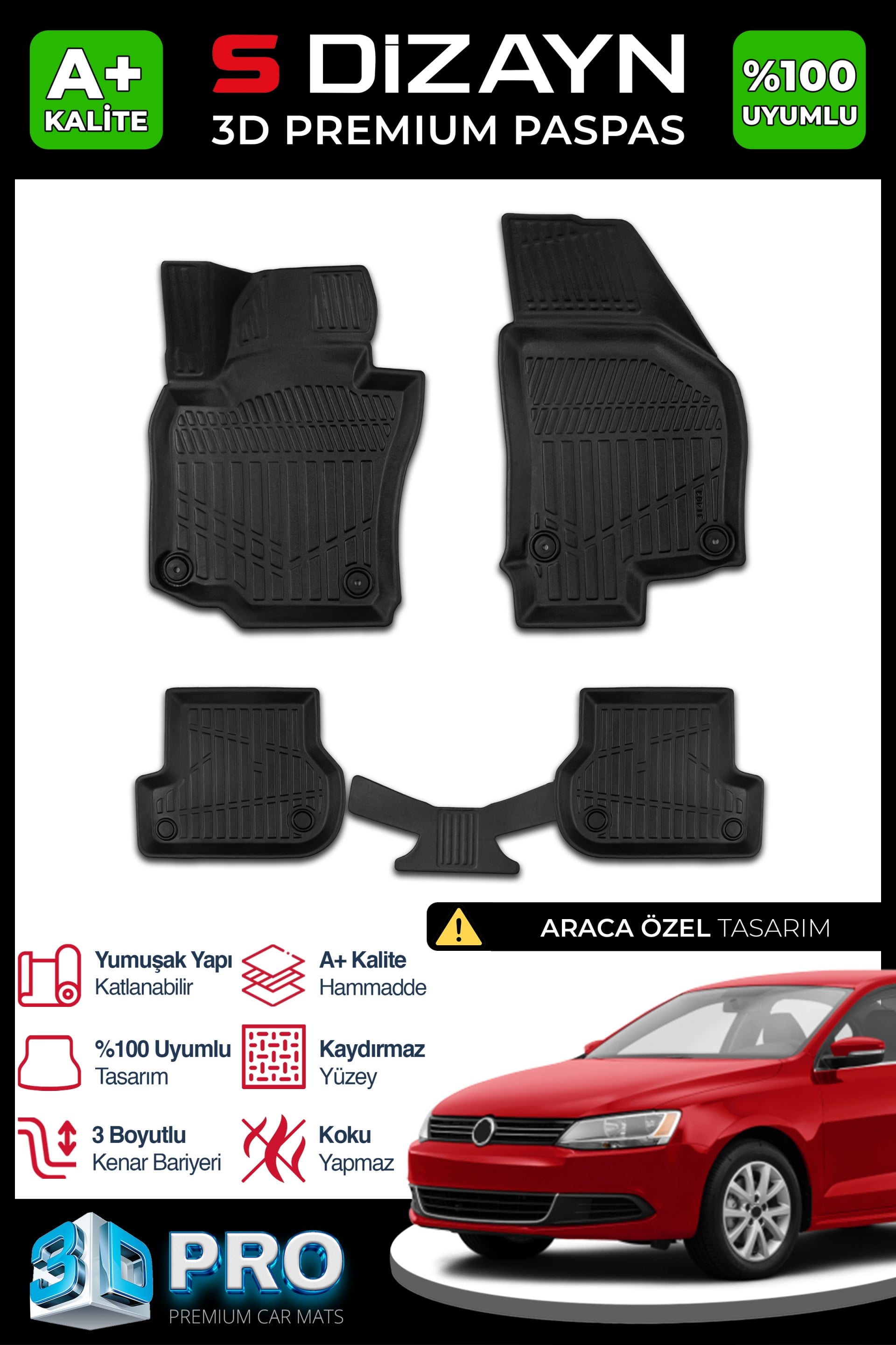 S-Dizayn VW Jetta 3D Pro Havuzlu Paspas 2011 Üzeri A+ Kalite