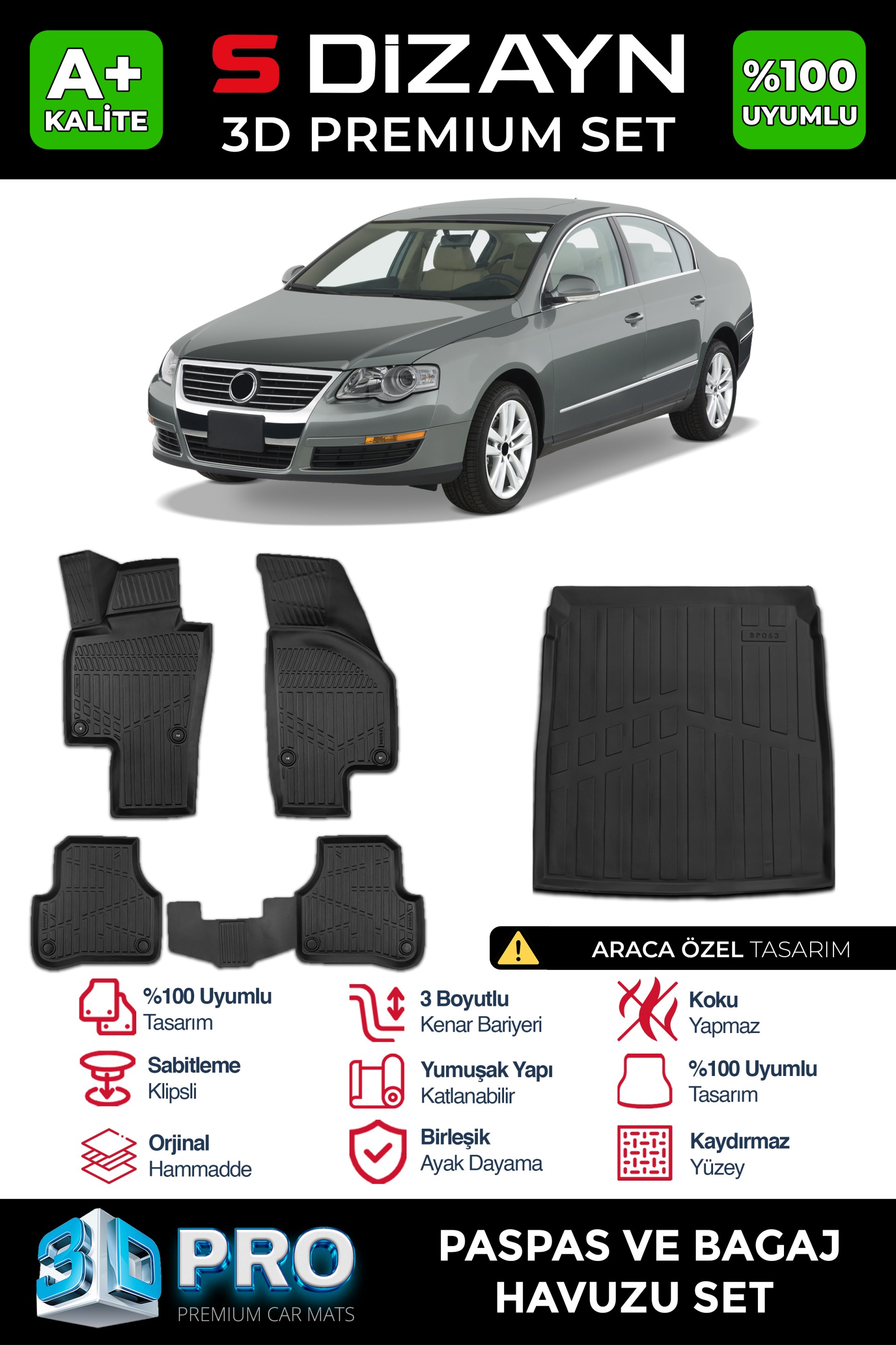 S-Dizayn VW Passat B6 3D Pro Havuzlu Paspas ve Bagaj Havuzu Seti (2'li SET) 2005-2010 A+ Kalite