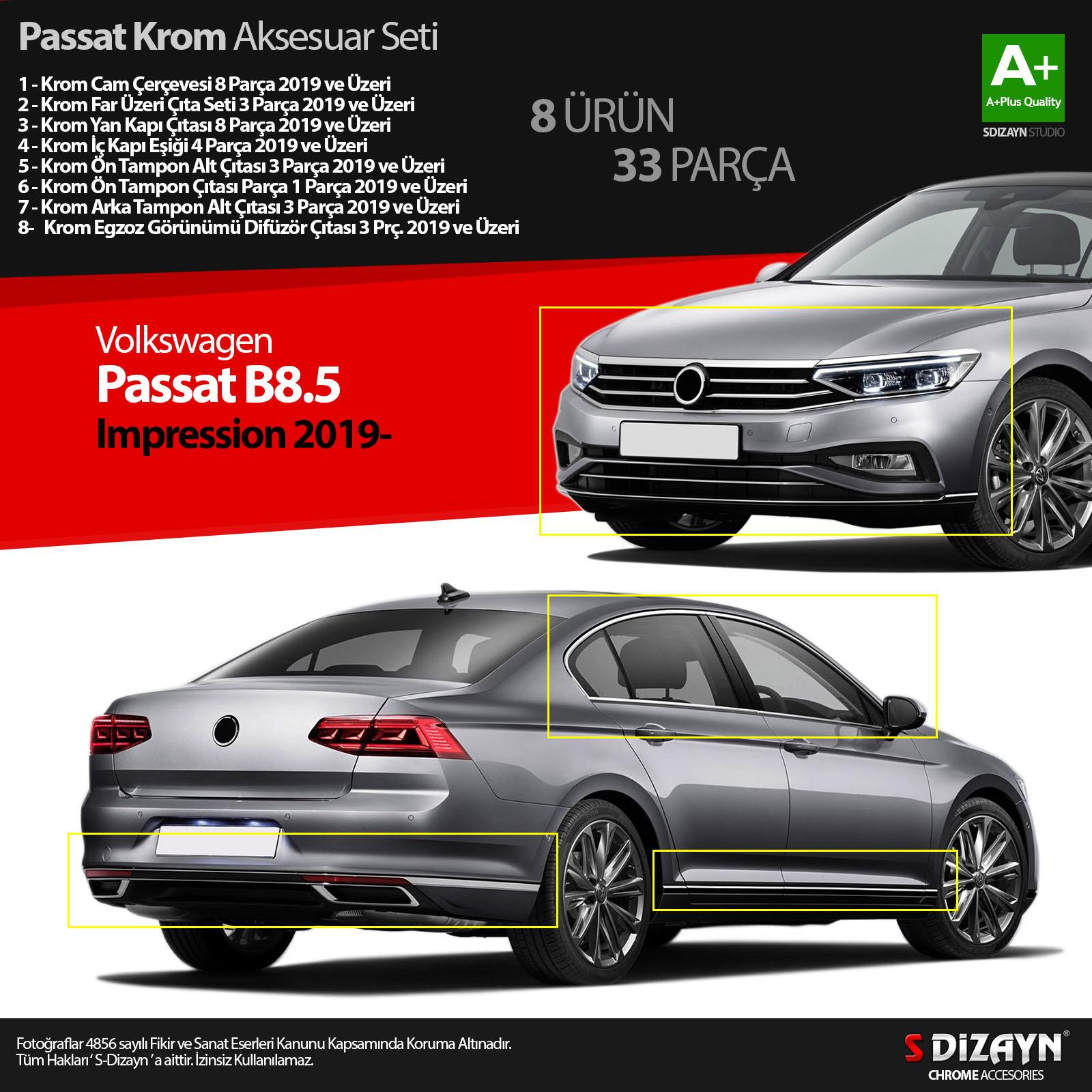 S-Dizayn VW Passat B8.5 Impression Krom Aksesuar Seti 33 Parça 2019-2023 A+Kalite