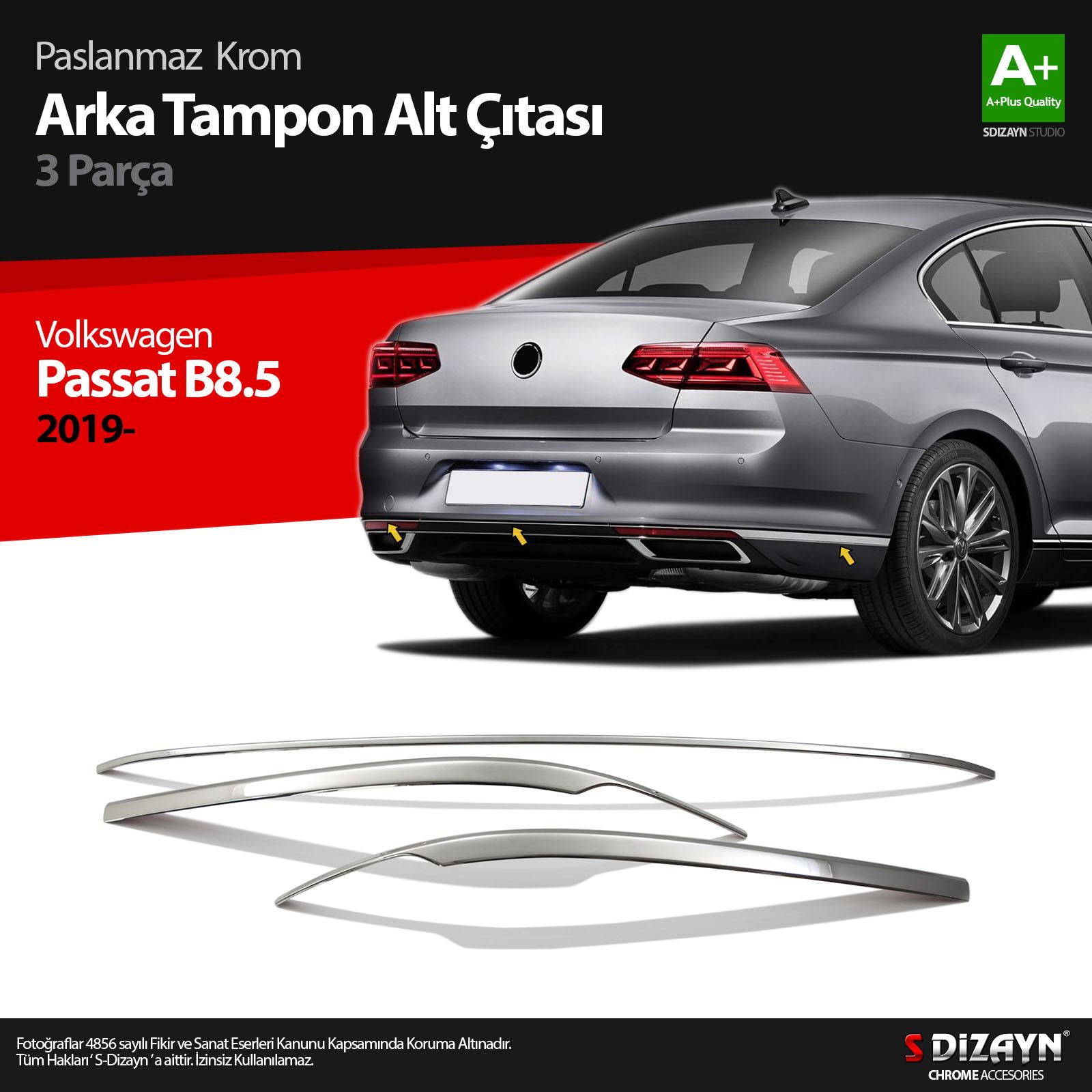 S-Dizayn VW Passat B8.5 Krom Arka Tampon Alt Çıtası 3 Parça 2019-2023