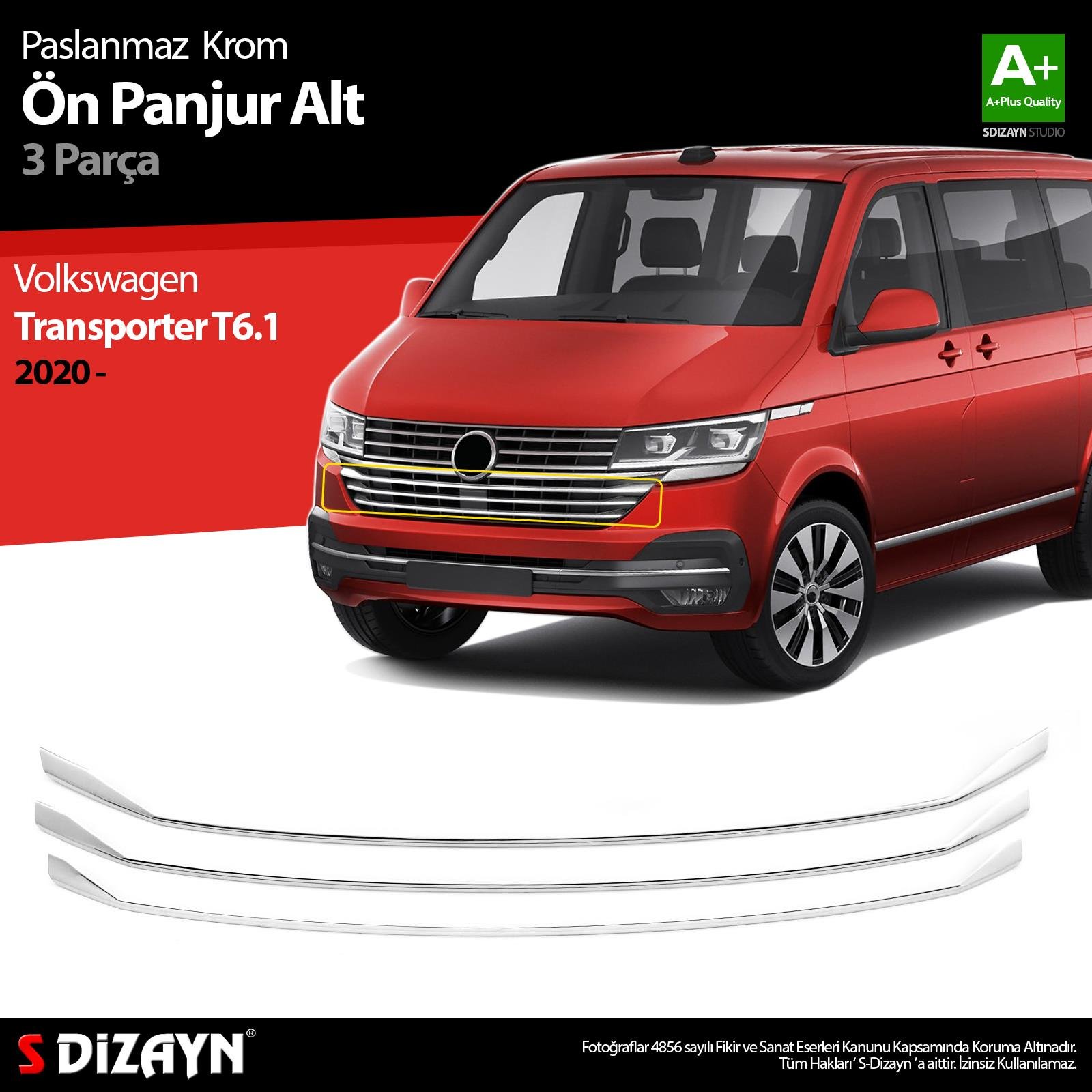 S-Dizayn VW Transporter T6.1 Krom Ön Panjur Alt Çıtası 3 Prç. 2020-2025