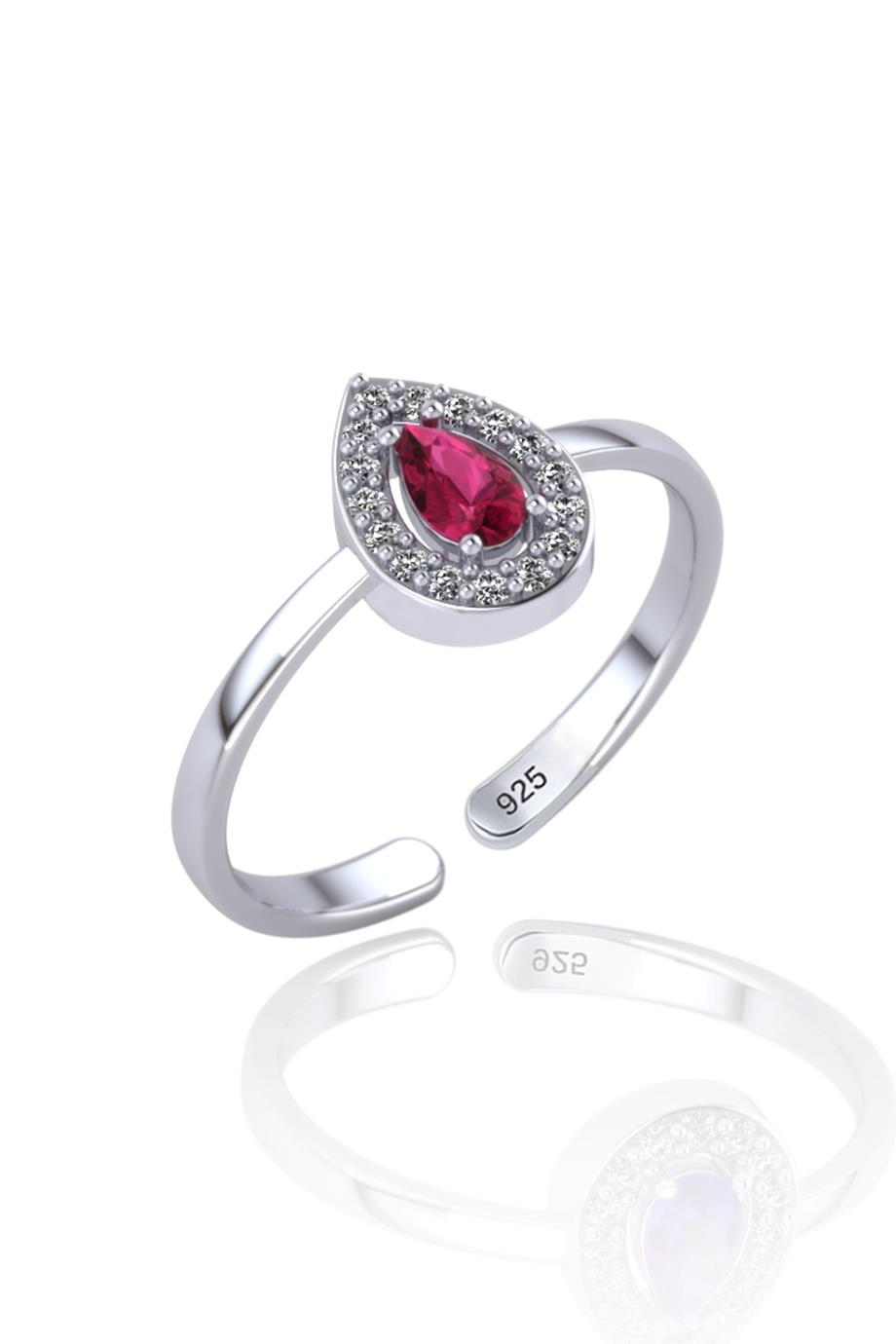 Elmas Montürlü Ruby Damla Taşlı Gümüş Yüzük