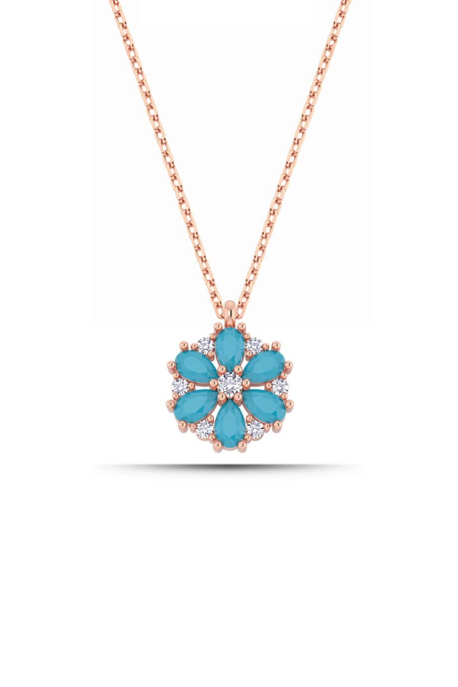 Firuze Taşlı Lotus Manolya Çiçeği Gümüş Kolye