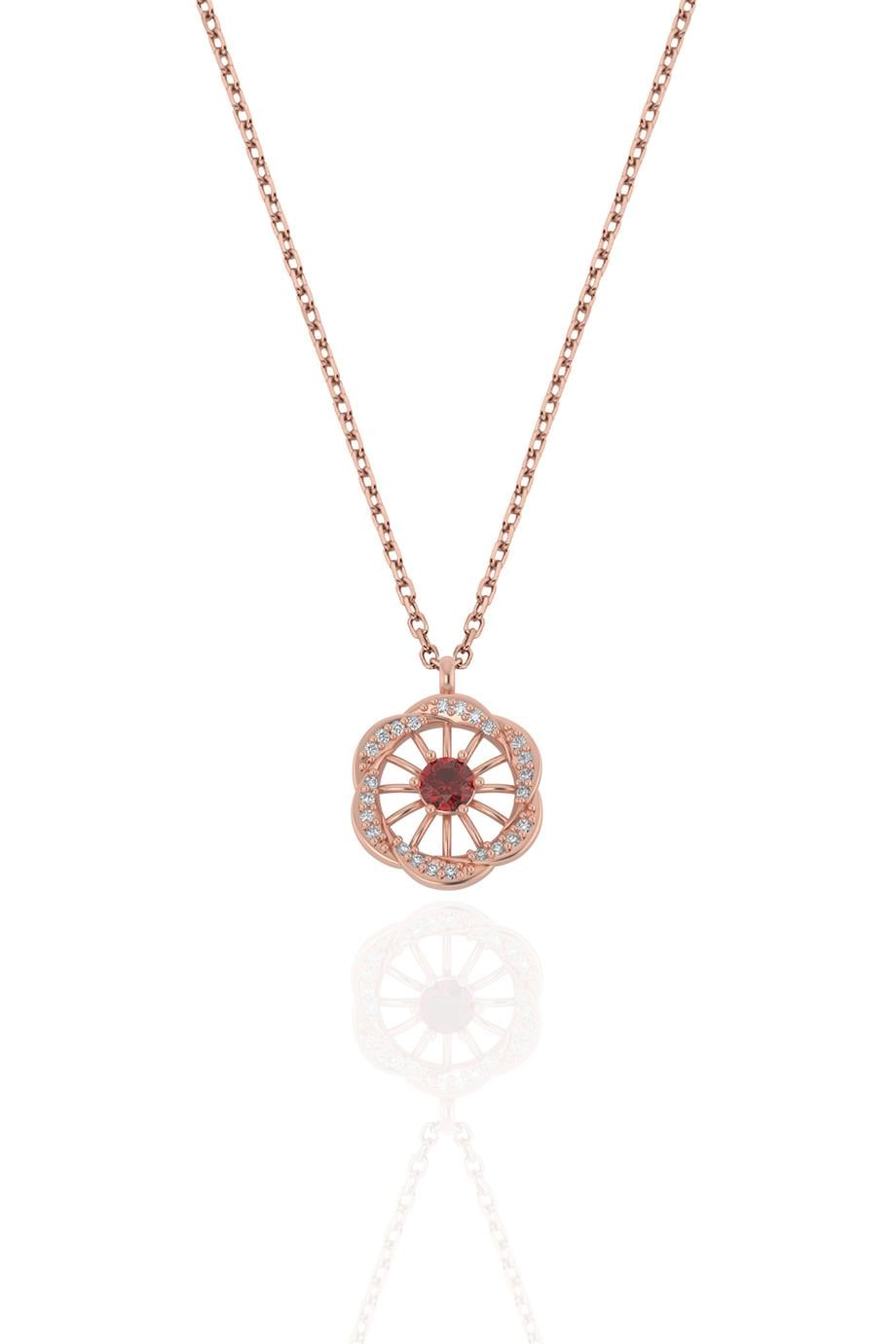 Garnet Taşlı Çiçek Gümüş Kolye